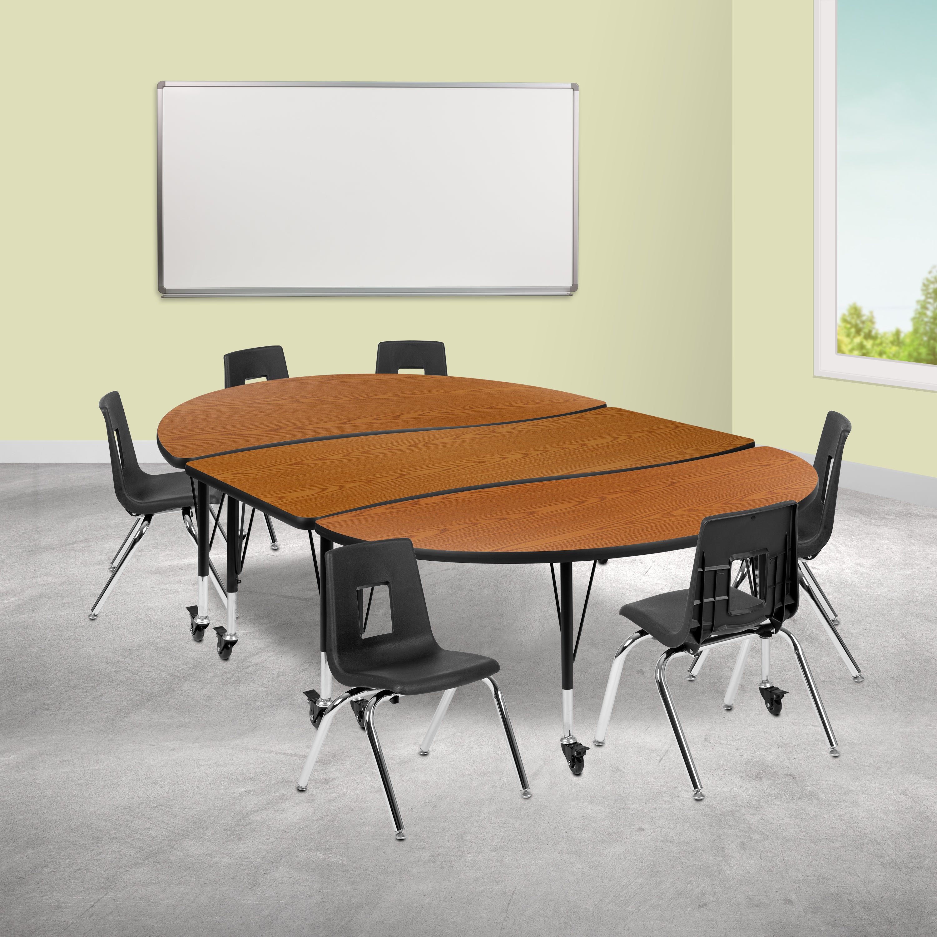 Emmy Mobile 86" Oval Wave Flexible Laminate Activity Table Set with 14" Student Stack Chairs, Oak/Black