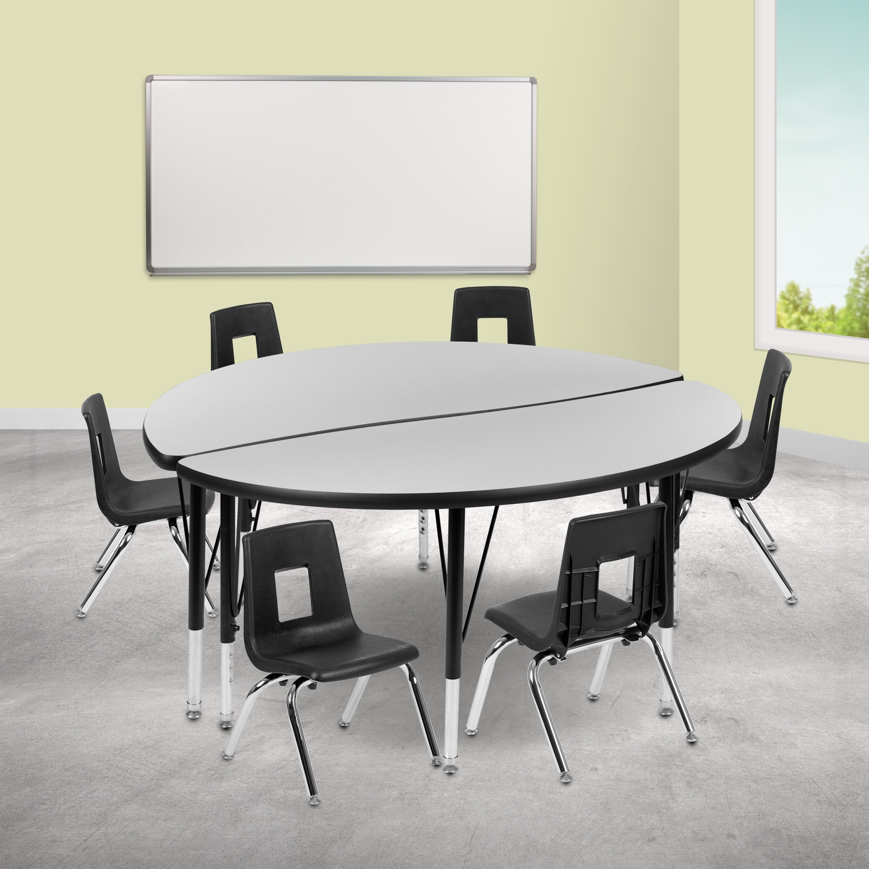 Emmy 47.5" Circle Wave Flexible Laminate Activity Table Set with 14" Student Stack Chairs, Grey/Black