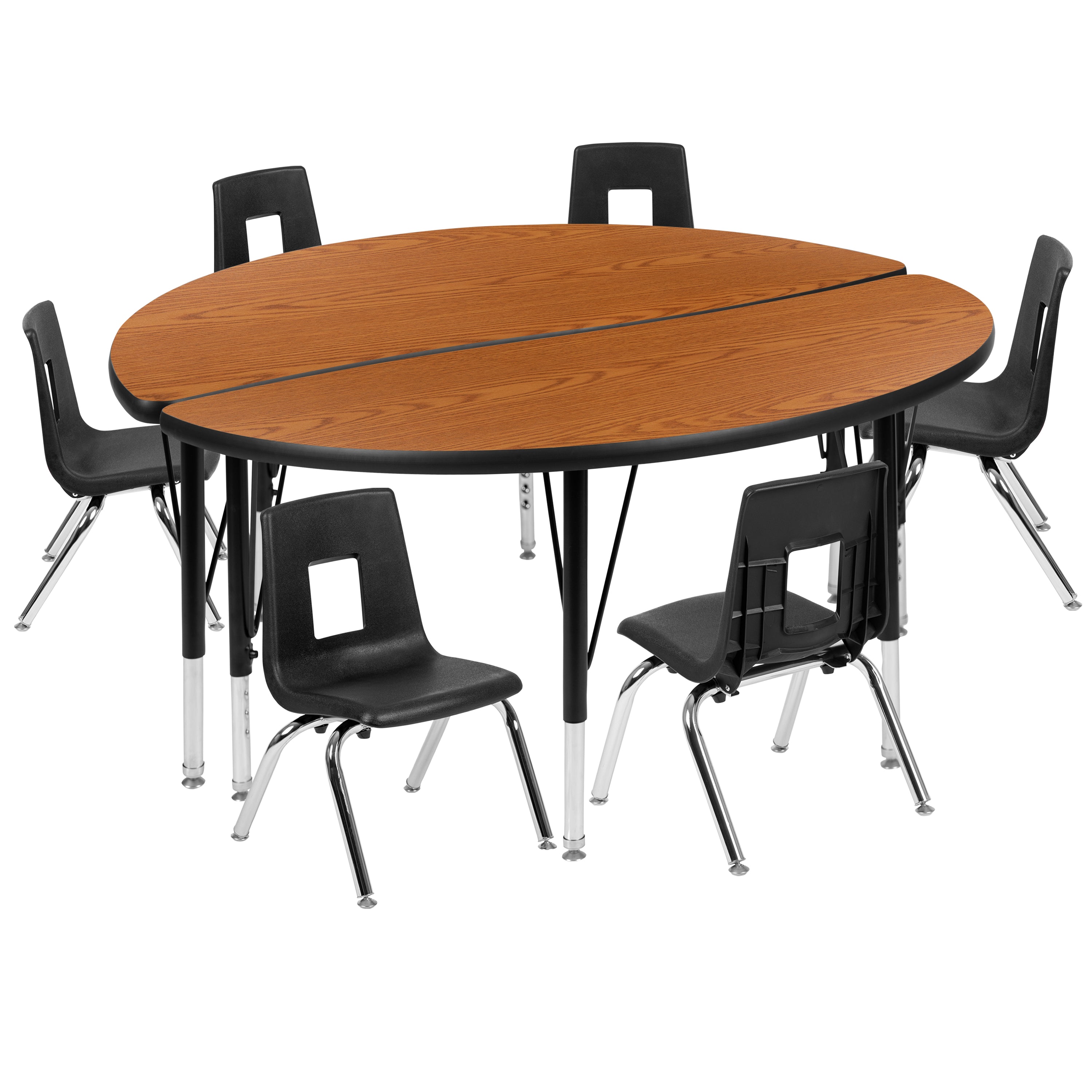 Emmy 47.5" Circle Wave Flexible Laminate Activity Table Set with 14" Student Stack Chairs, Oak/Black