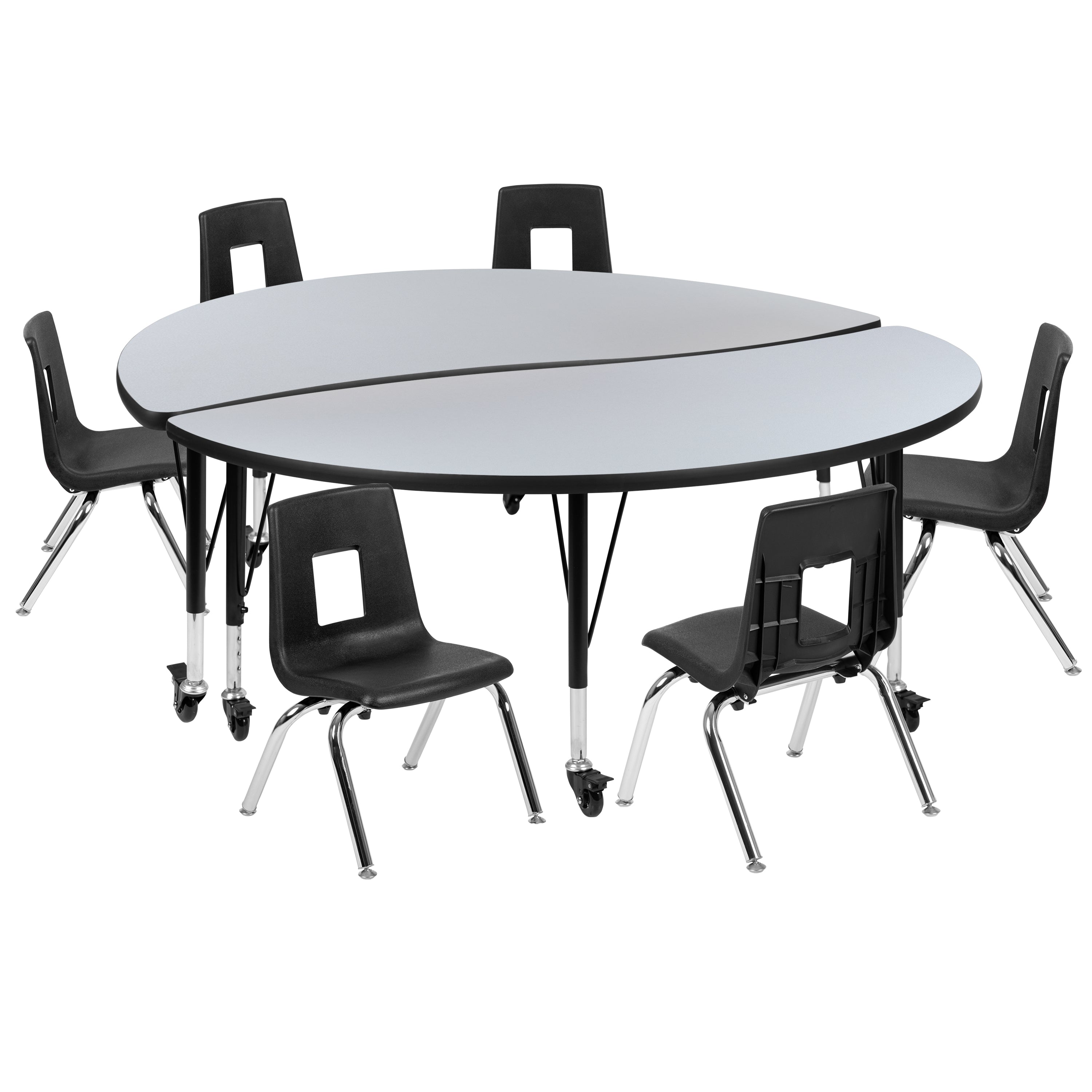 Emmy Mobile 60" Circle Wave Flexible Laminate Activity Table Set with 14" Student Stack Chairs, Grey/Black
