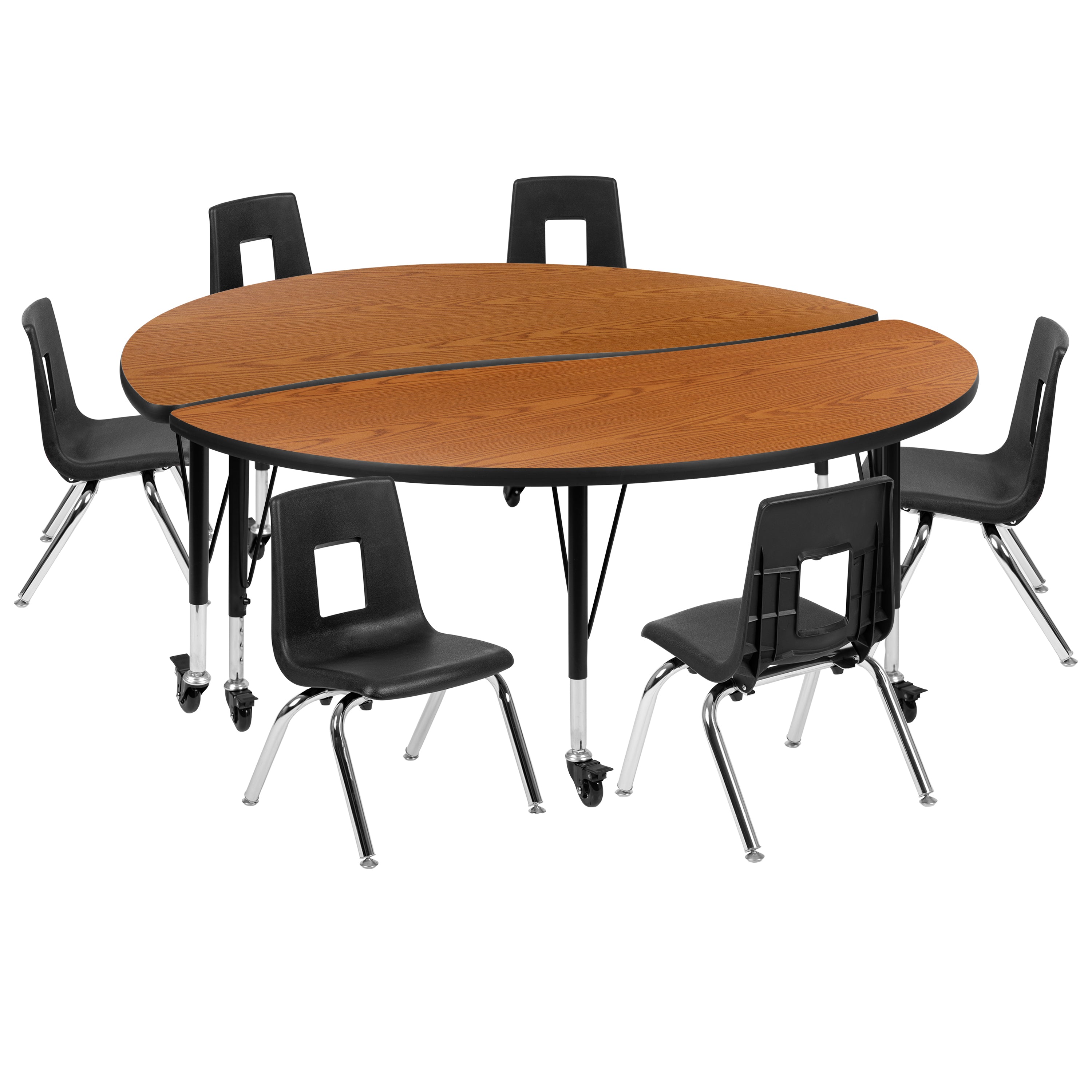 Emmy Mobile 60" Circle Wave Flexible Laminate Activity Table Set with 14" Student Stack Chairs, Oak/Black