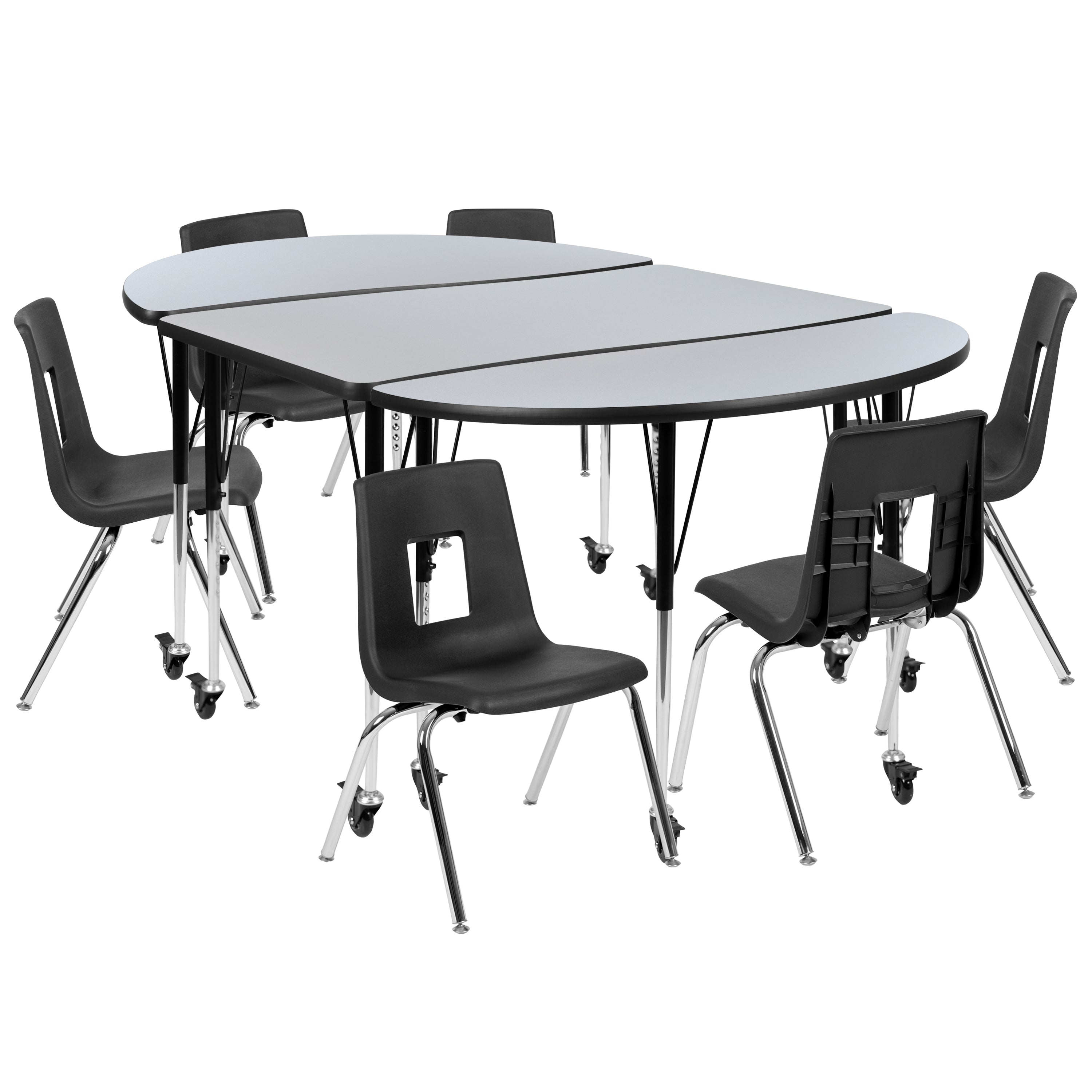 Emmy Mobile 76" Oval Wave Flexible Laminate Activity Table Set with 16" Student Stack Chairs, Grey/Black