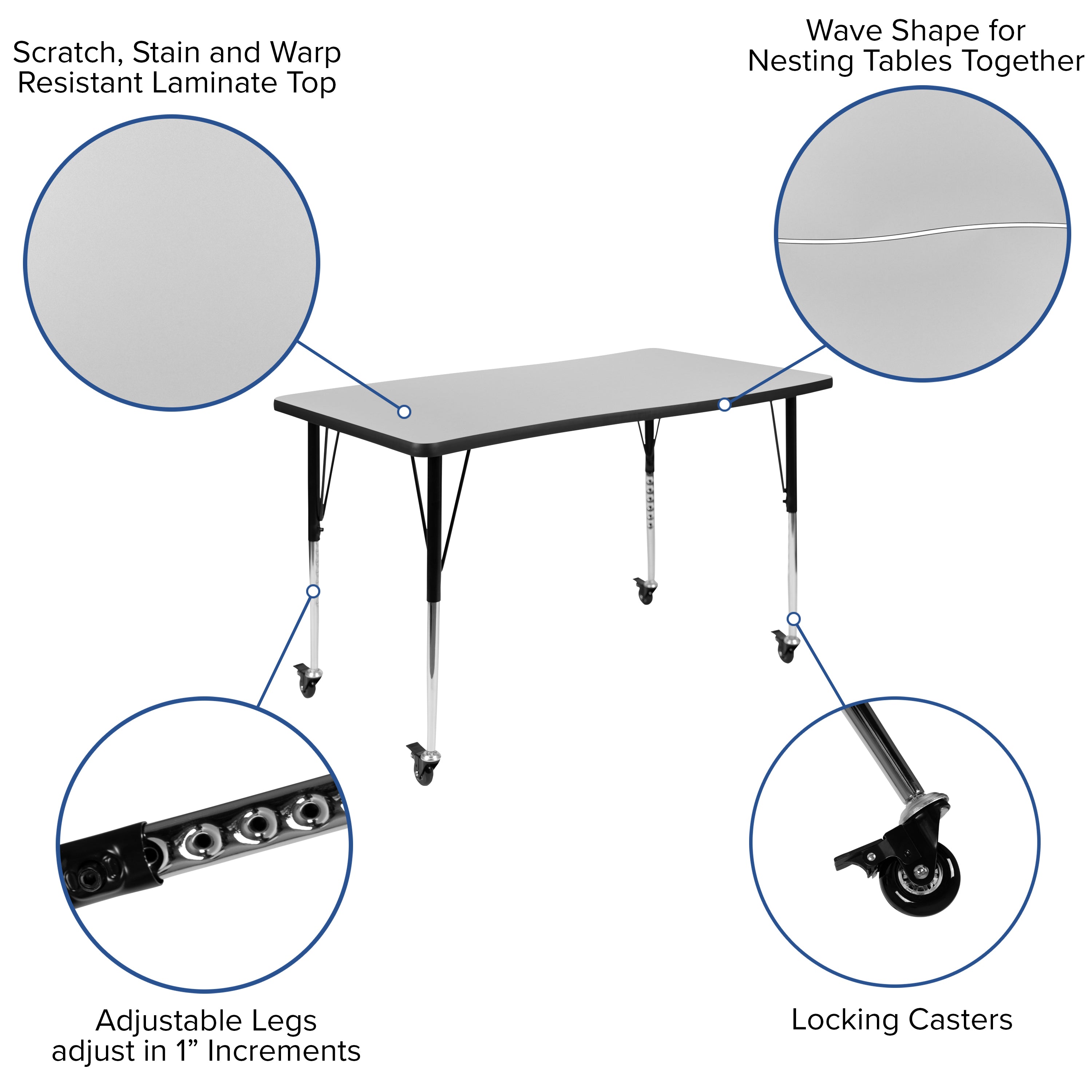 Emmy Mobile 76" Oval Wave Flexible Laminate Activity Table Set with 16" Student Stack Chairs, Grey/Black