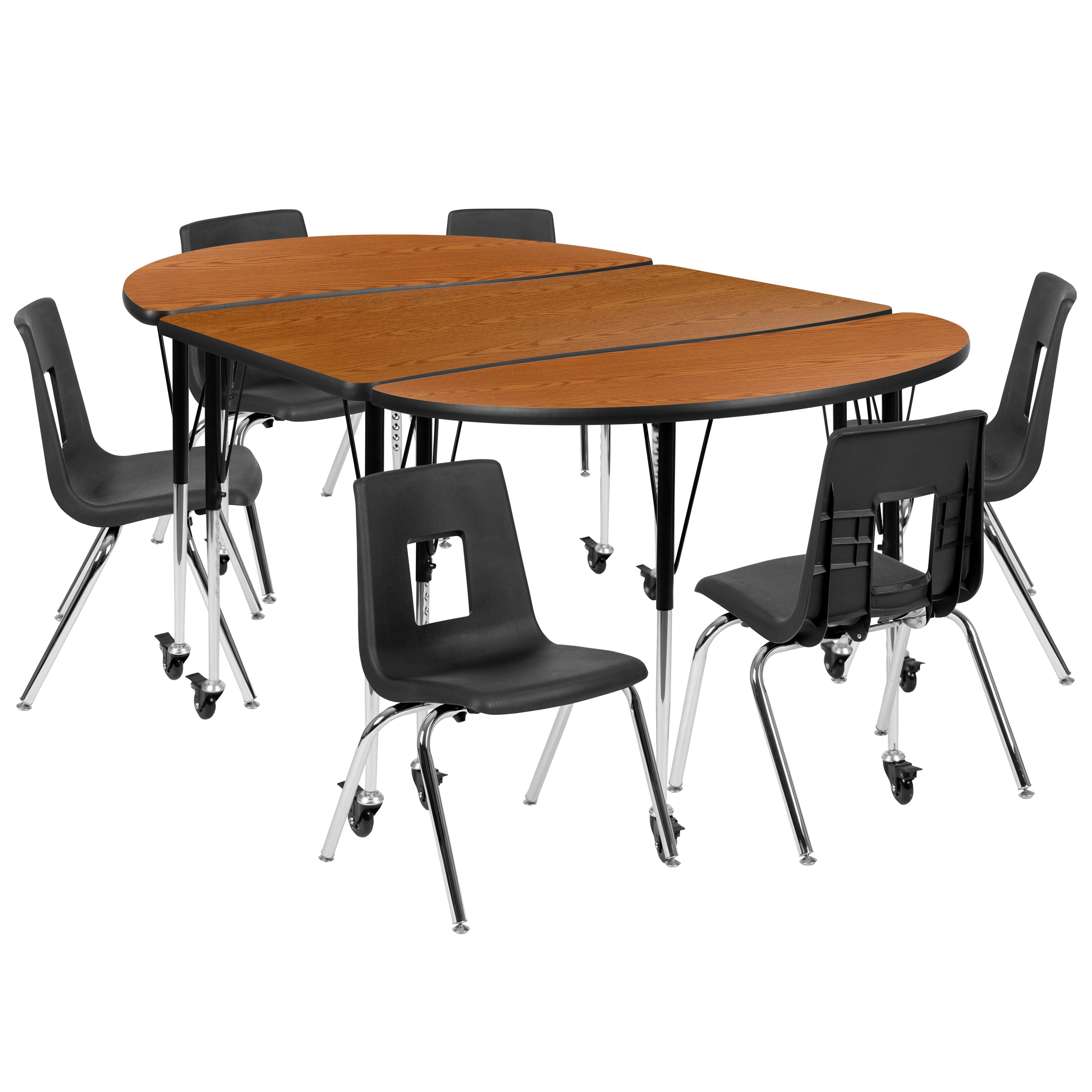 Emmy Mobile 76" Oval Wave Flexible Laminate Activity Table Set with 16" Student Stack Chairs, Oak/Black