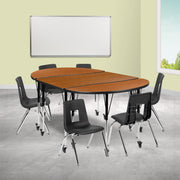 Emmy Mobile 76" Oval Wave Flexible Laminate Activity Table Set with 16" Student Stack Chairs, Oak/Black