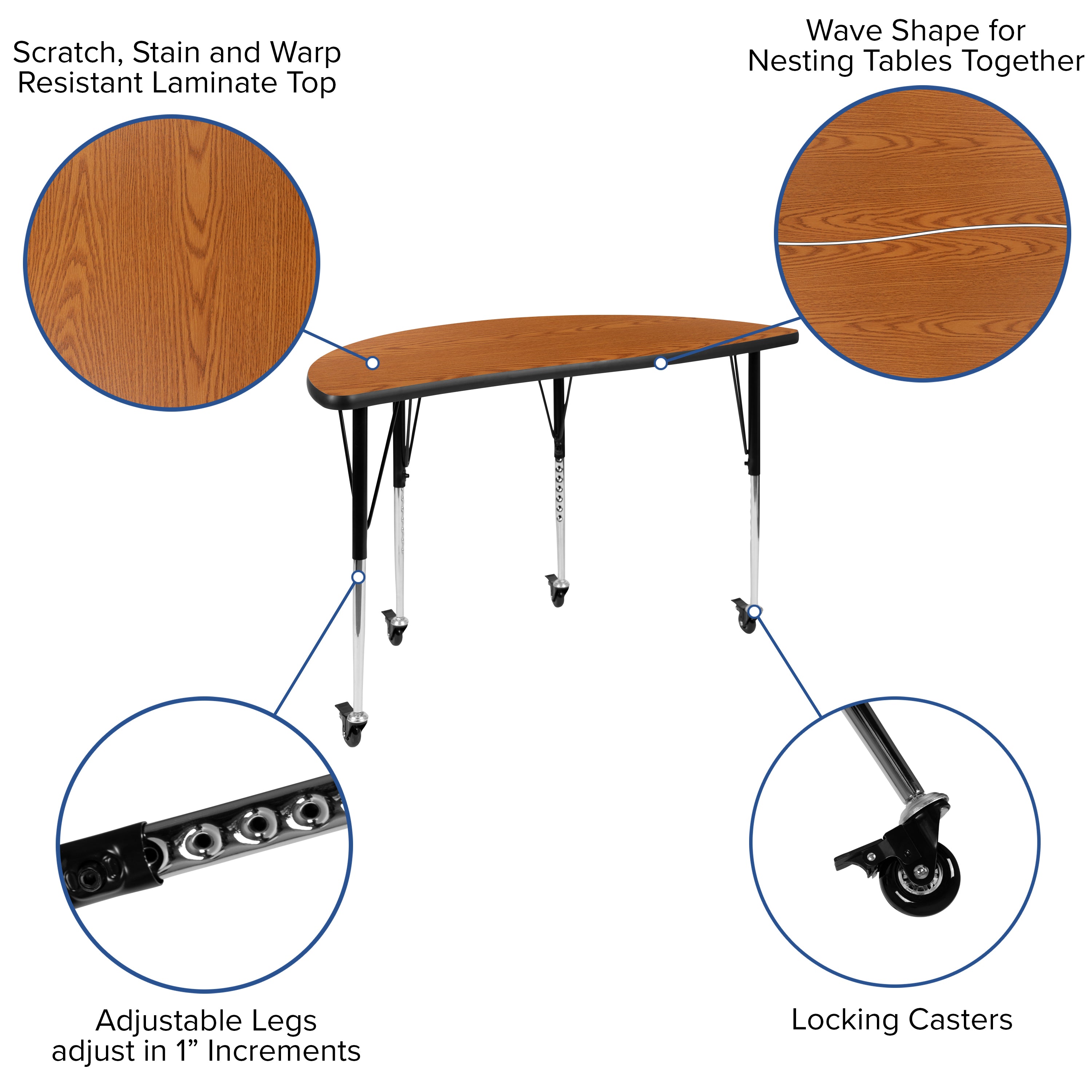 Emmy Mobile 76" Oval Wave Flexible Laminate Activity Table Set with 16" Student Stack Chairs, Oak/Black