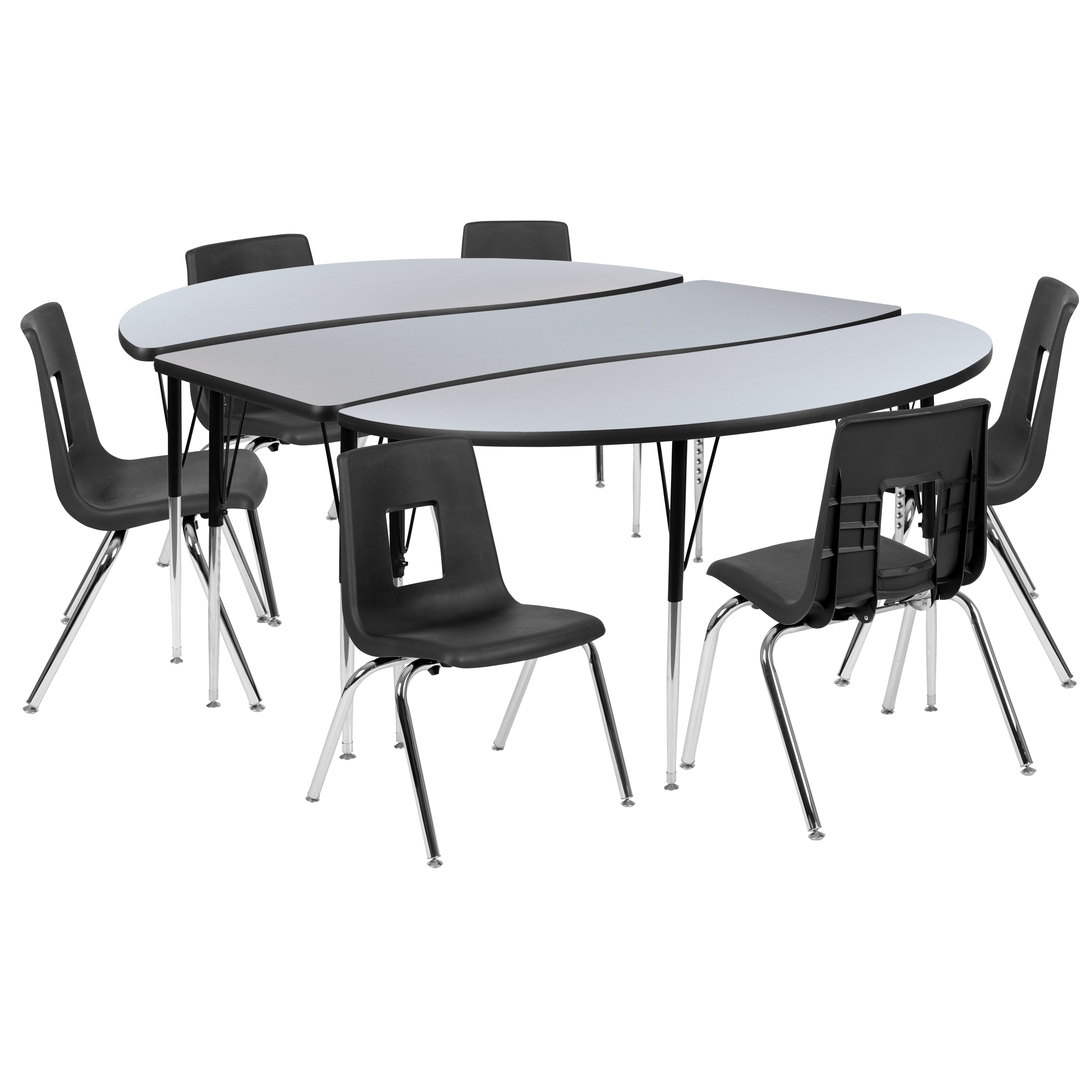Emmy 86" Oval Wave Flexible Laminate Activity Table Set with 16" Student Stack Chairs, Grey/Black