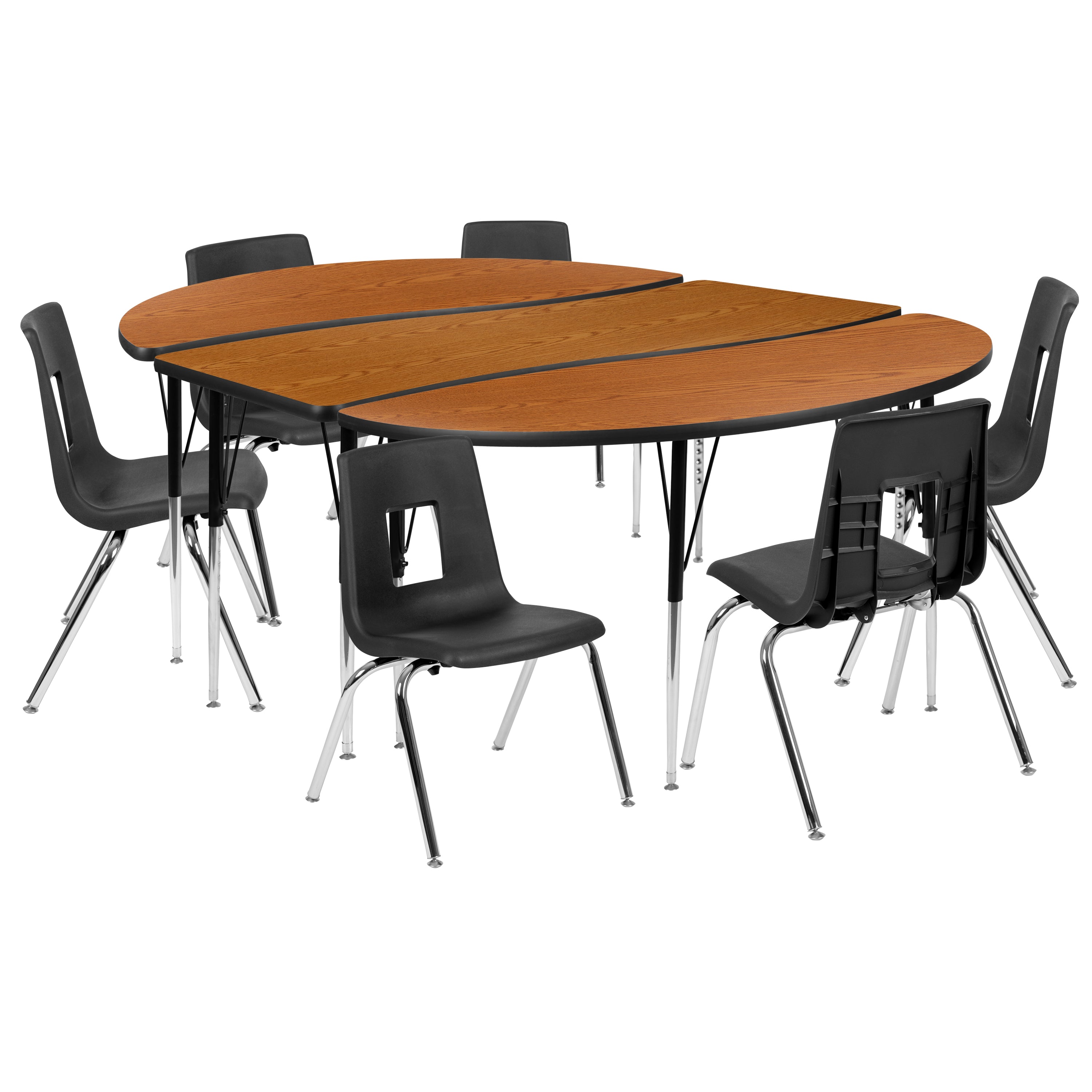 Emmy 86" Oval Wave Flexible Laminate Activity Table Set with 16" Student Stack Chairs, Oak/Black