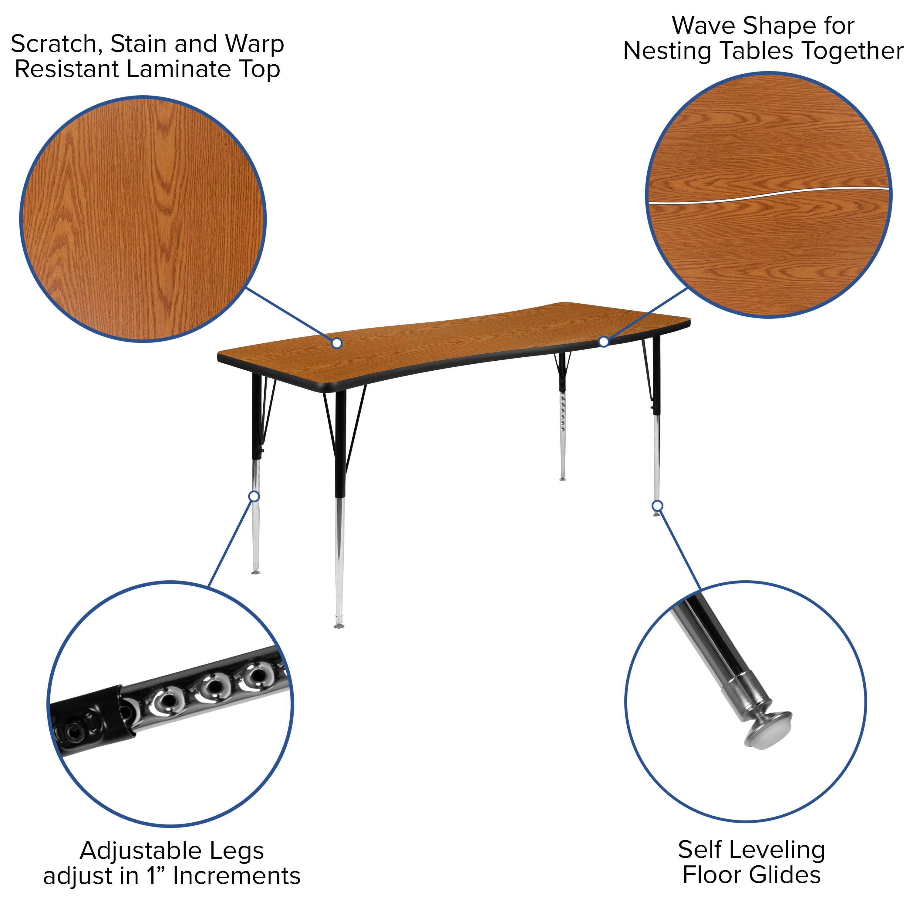 Emmy 86" Oval Wave Flexible Laminate Activity Table Set with 16" Student Stack Chairs, Oak/Black