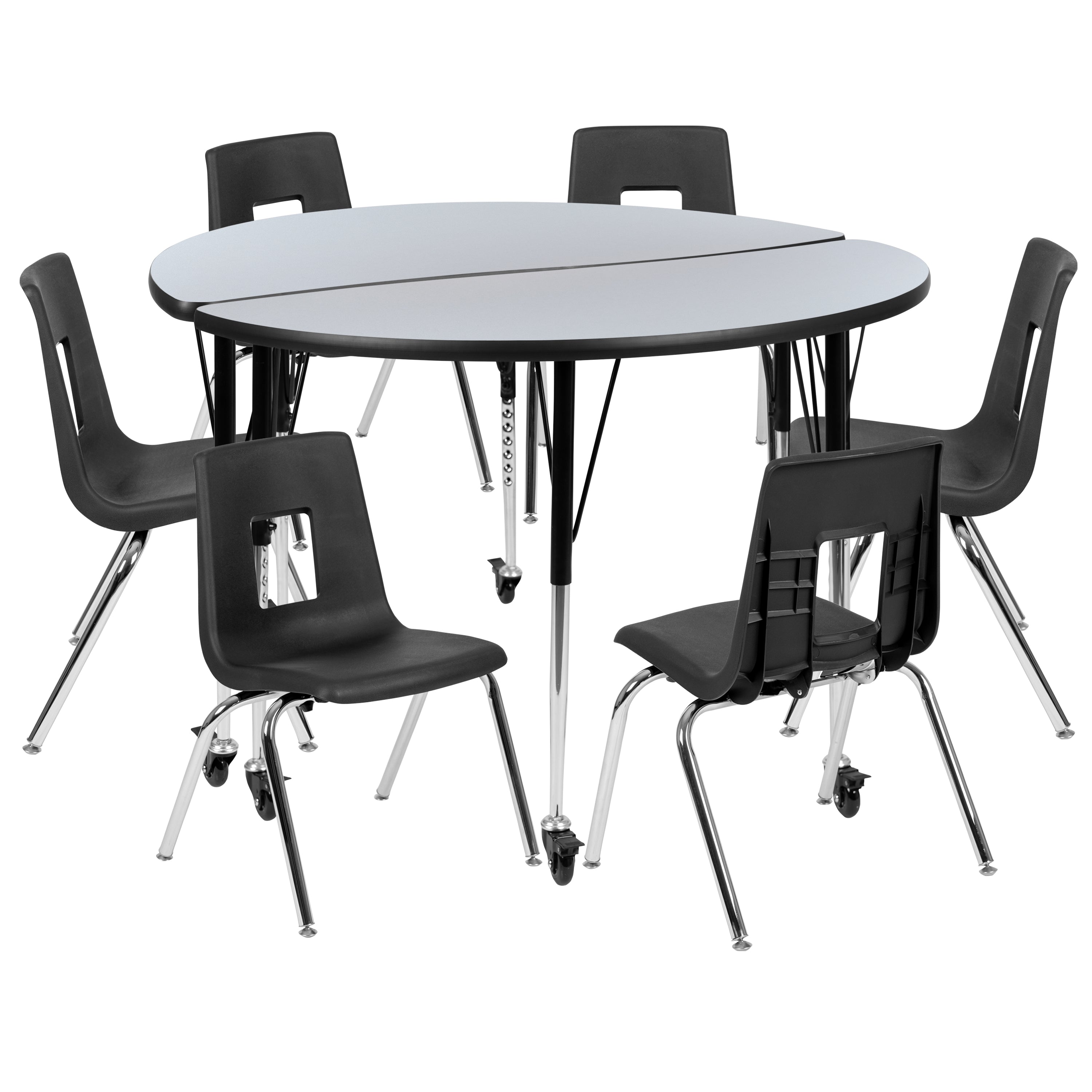Emmy Mobile 47.5" Circle Wave Flexible Laminate Activity Table Set with 16" Student Stack Chairs, Grey/Black