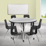 Emmy Mobile 47.5" Circle Wave Flexible Laminate Activity Table Set with 16" Student Stack Chairs, Grey/Black