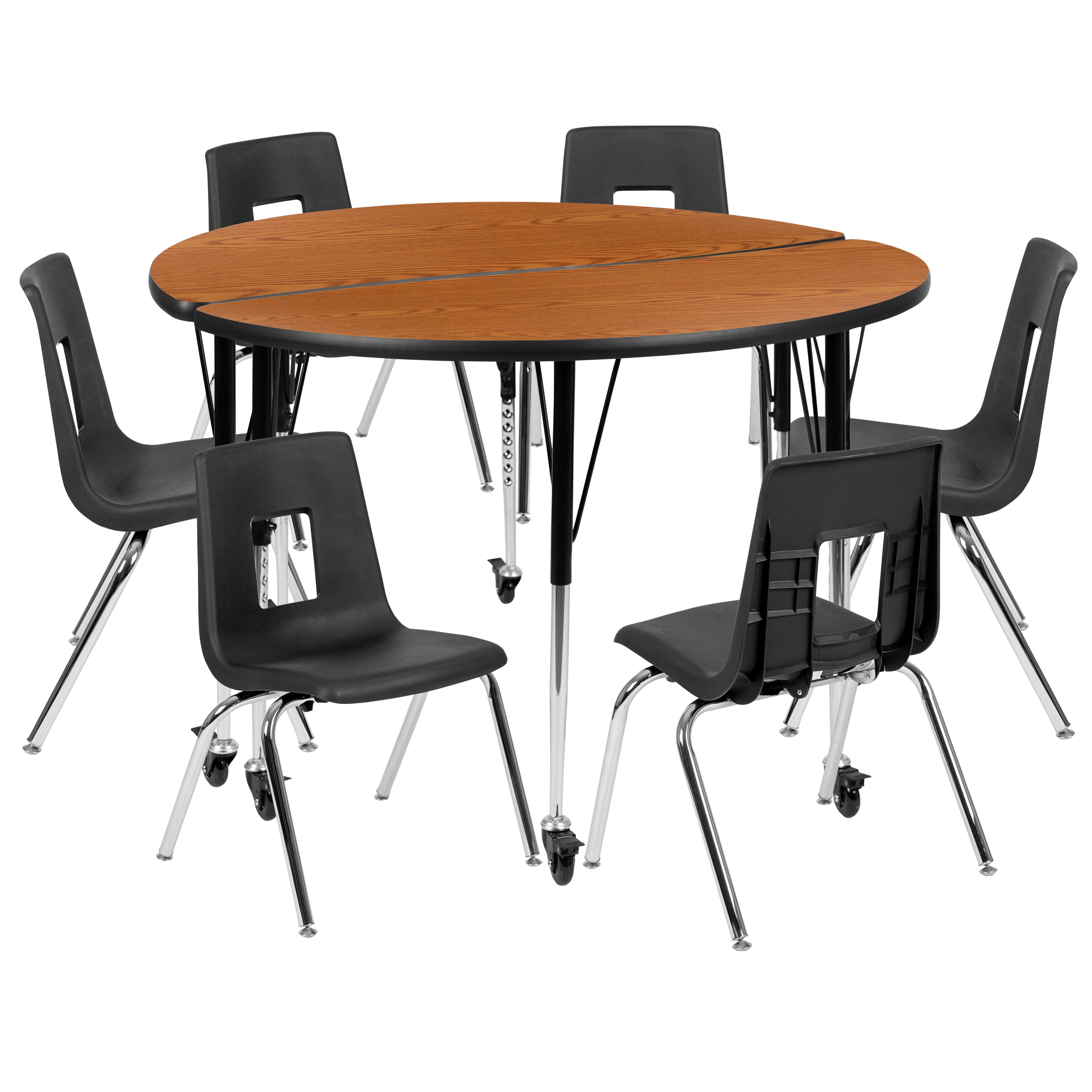 Emmy Mobile 47.5" Circle Wave Flexible Laminate Activity Table Set with 16" Student Stack Chairs, Oak/Black