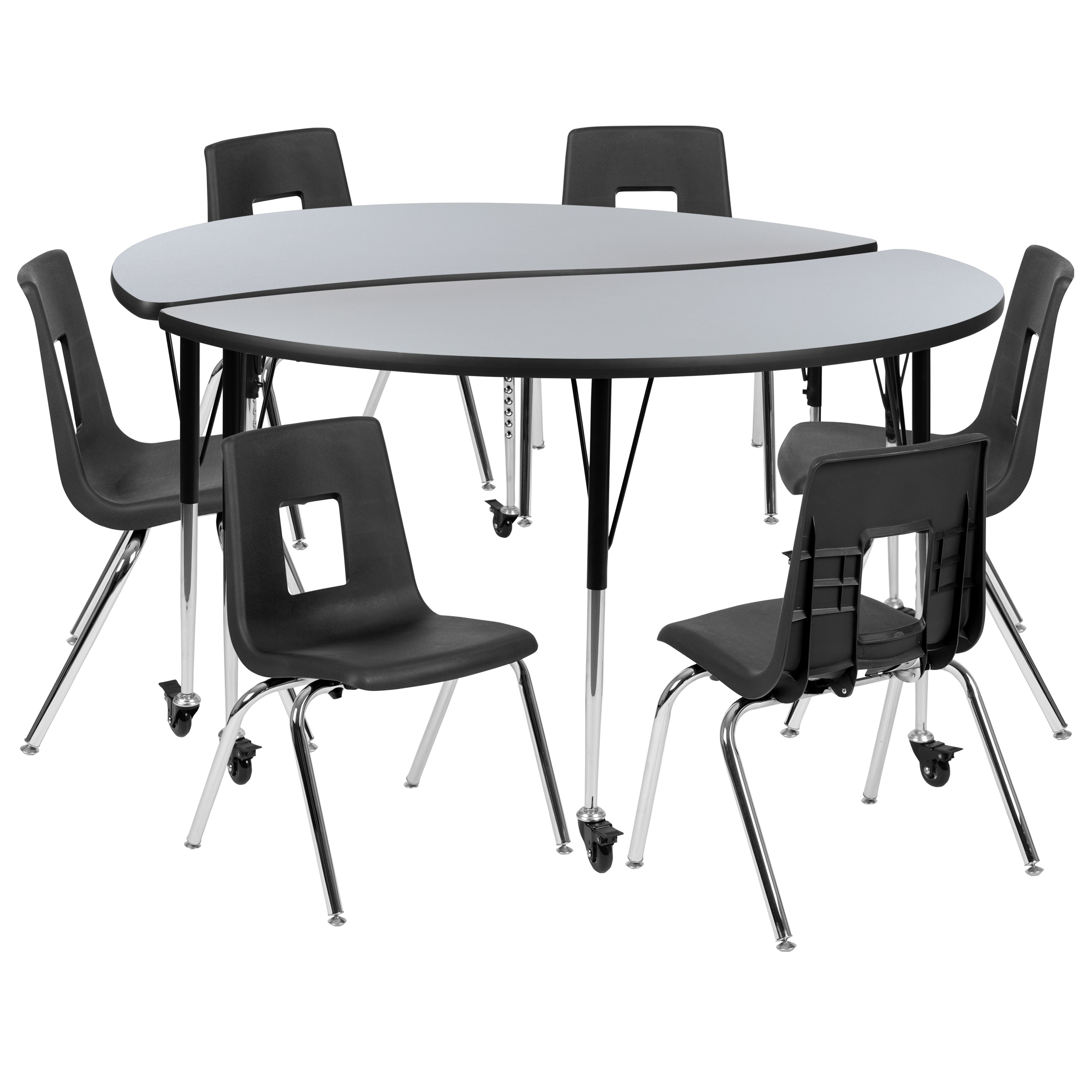 Emmy Mobile 60" Circle Wave Flexible Laminate Activity Table Set with 16" Student Stack Chairs, Grey/Black