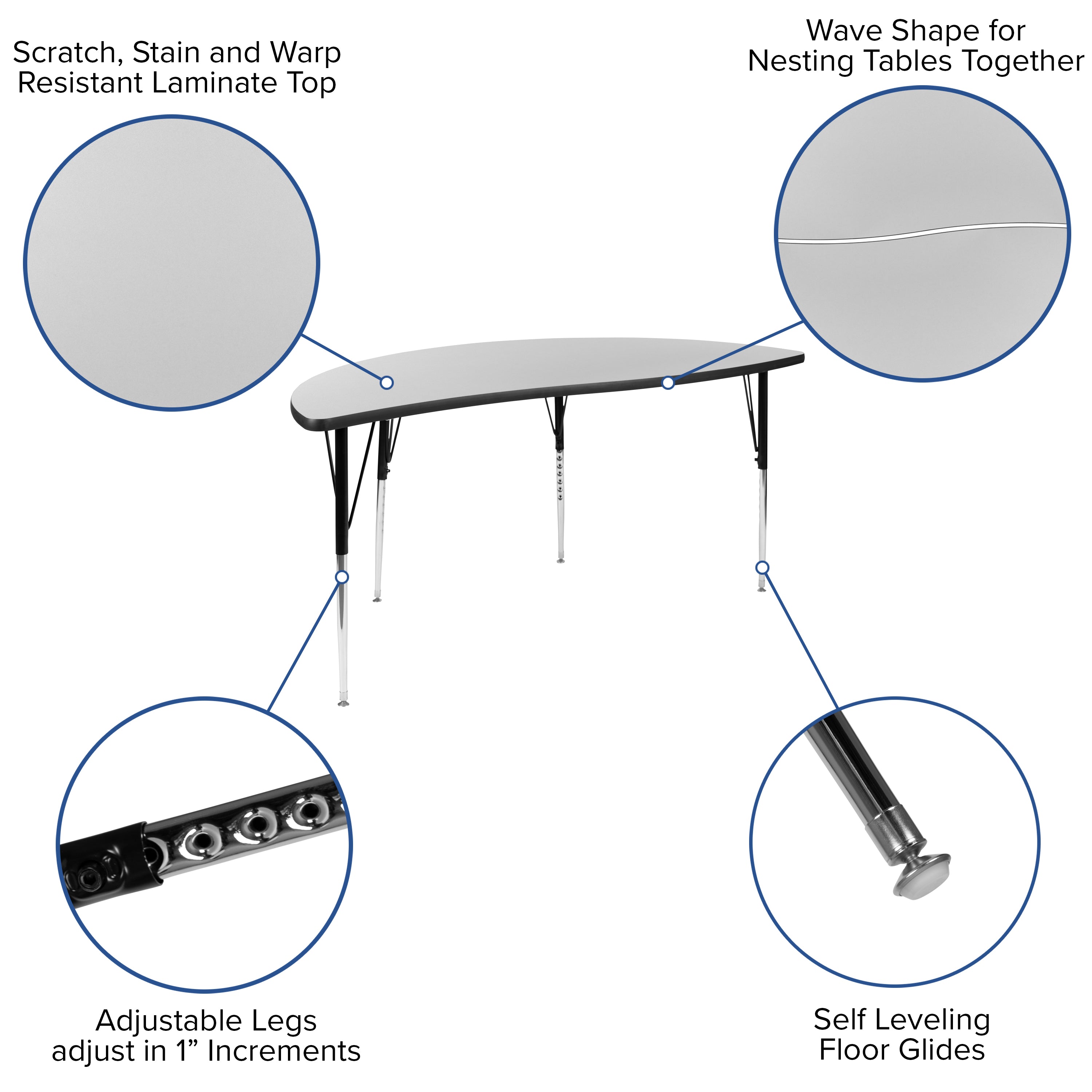 Emmy 60" Circle Wave Flexible Laminate Activity Table Set with 16" Student Stack Chairs, Grey/Black