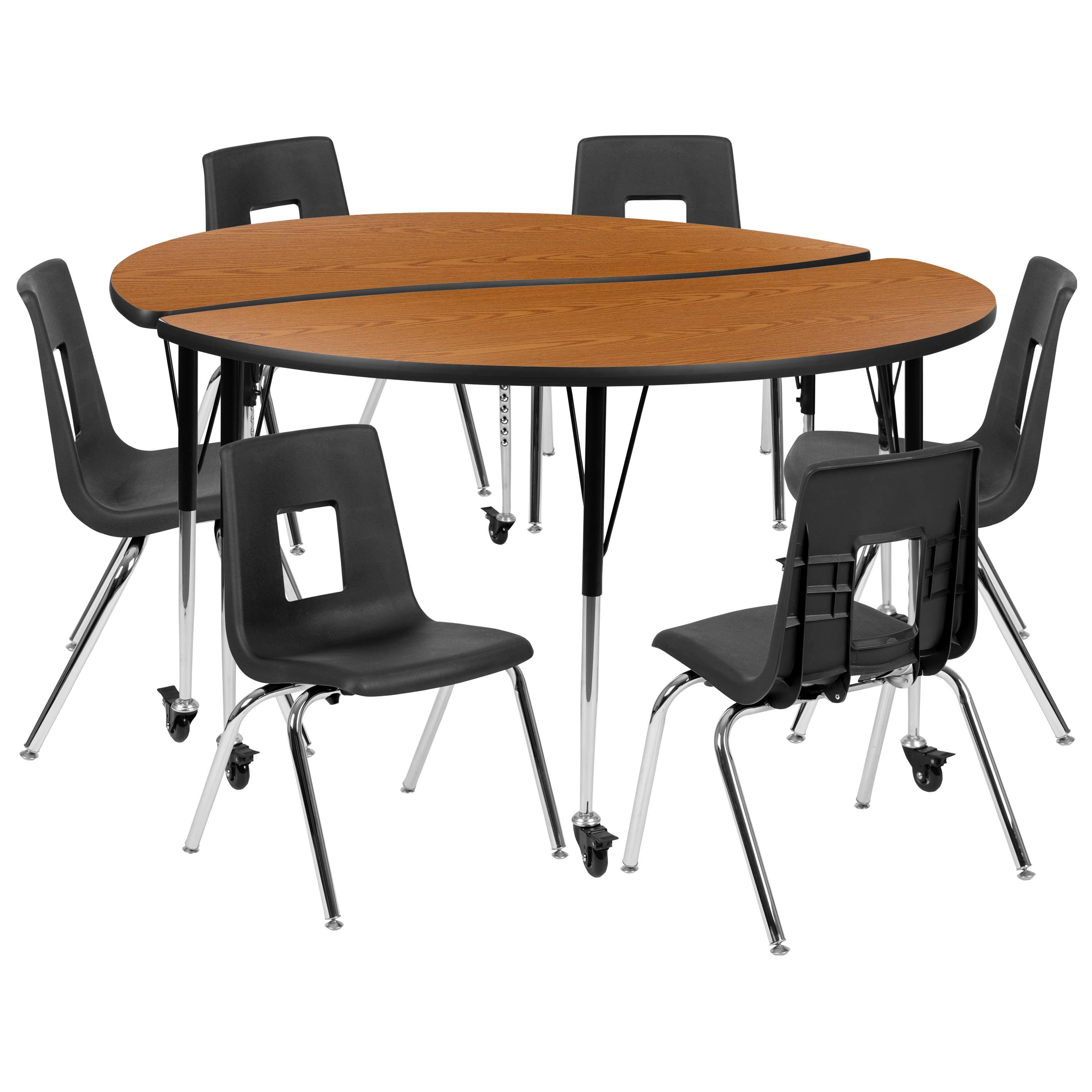 Emmy Mobile 60" Circle Wave Flexible Laminate Activity Table Set with 16" Student Stack Chairs, Oak/Black