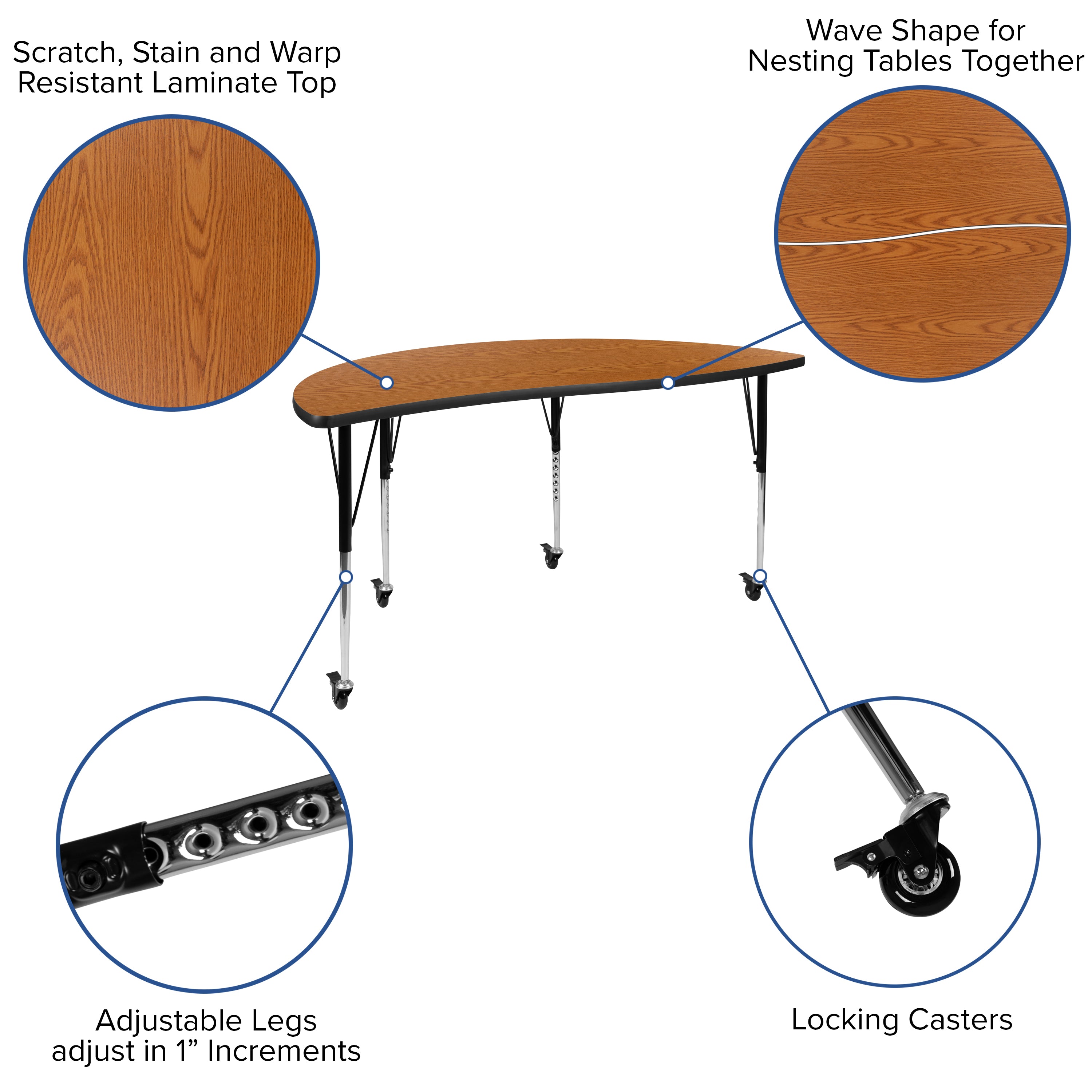 Emmy Mobile 60" Circle Wave Flexible Laminate Activity Table Set with 16" Student Stack Chairs, Oak/Black