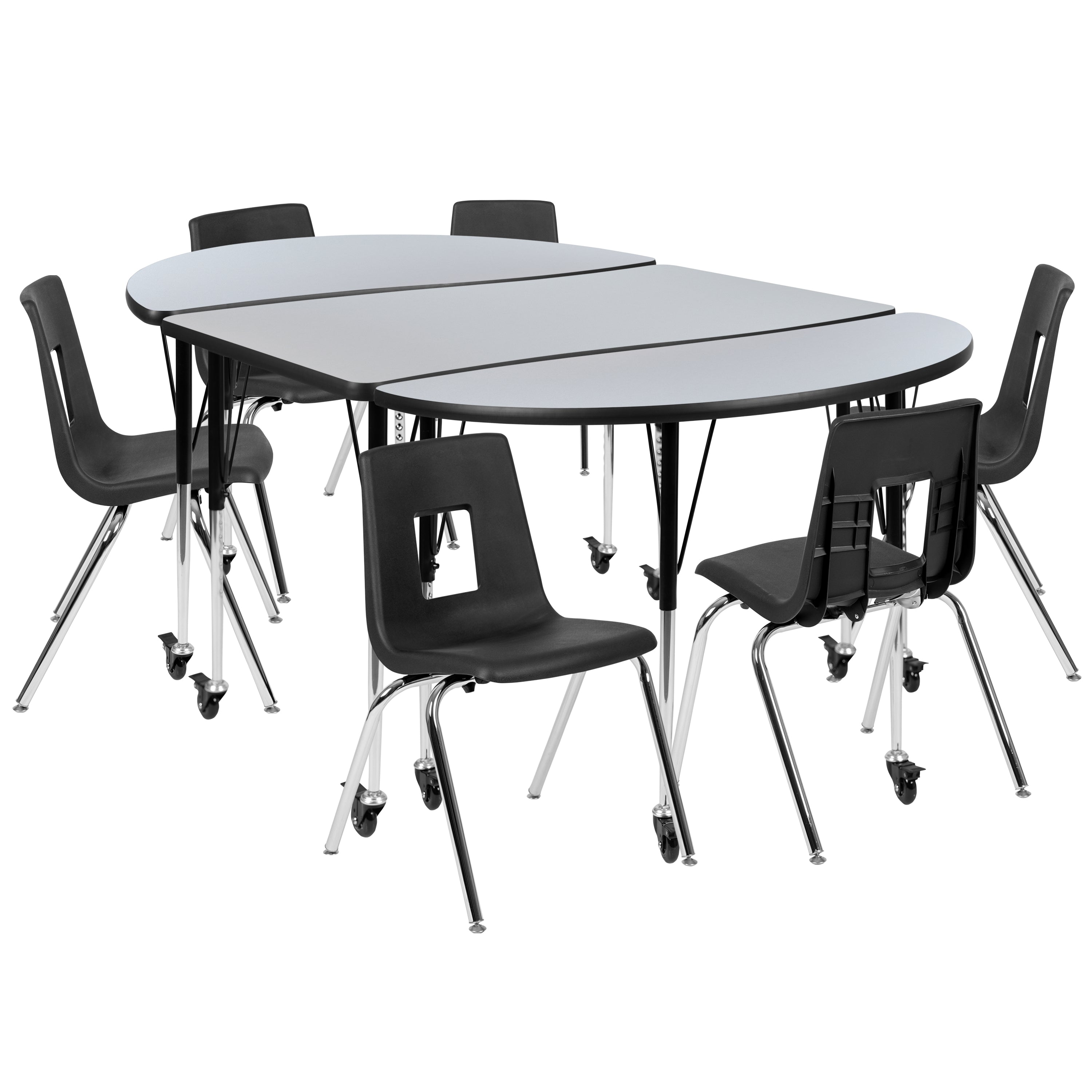 Emmy Mobile 76" Oval Wave Flexible Laminate Activity Table Set with 18" Student Stack Chairs, Grey/Black