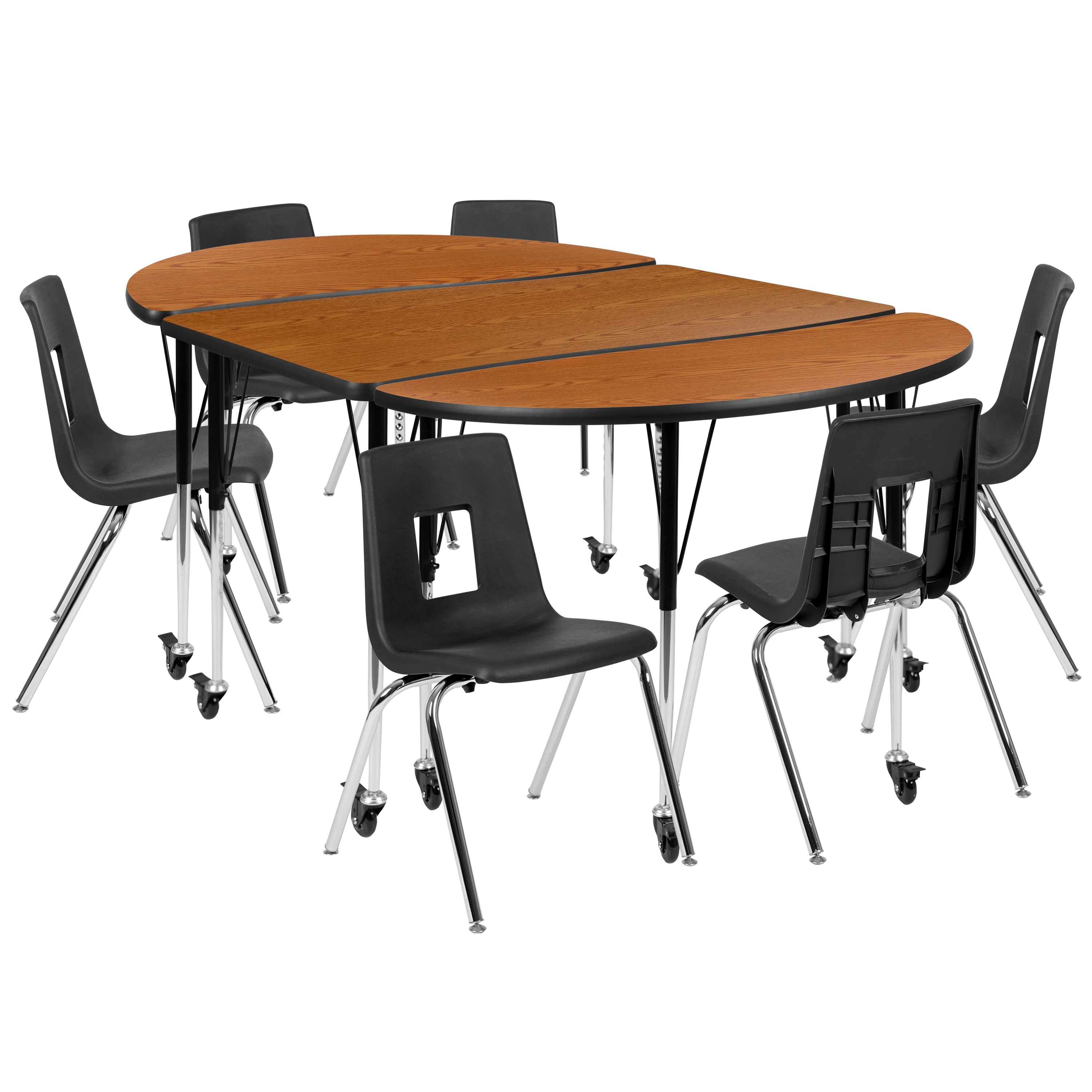 Emmy Mobile 76" Oval Wave Flexible Laminate Activity Table Set with 18" Student Stack Chairs, Oak/Black