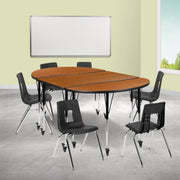 Emmy Mobile 76" Oval Wave Flexible Laminate Activity Table Set with 18" Student Stack Chairs, Oak/Black