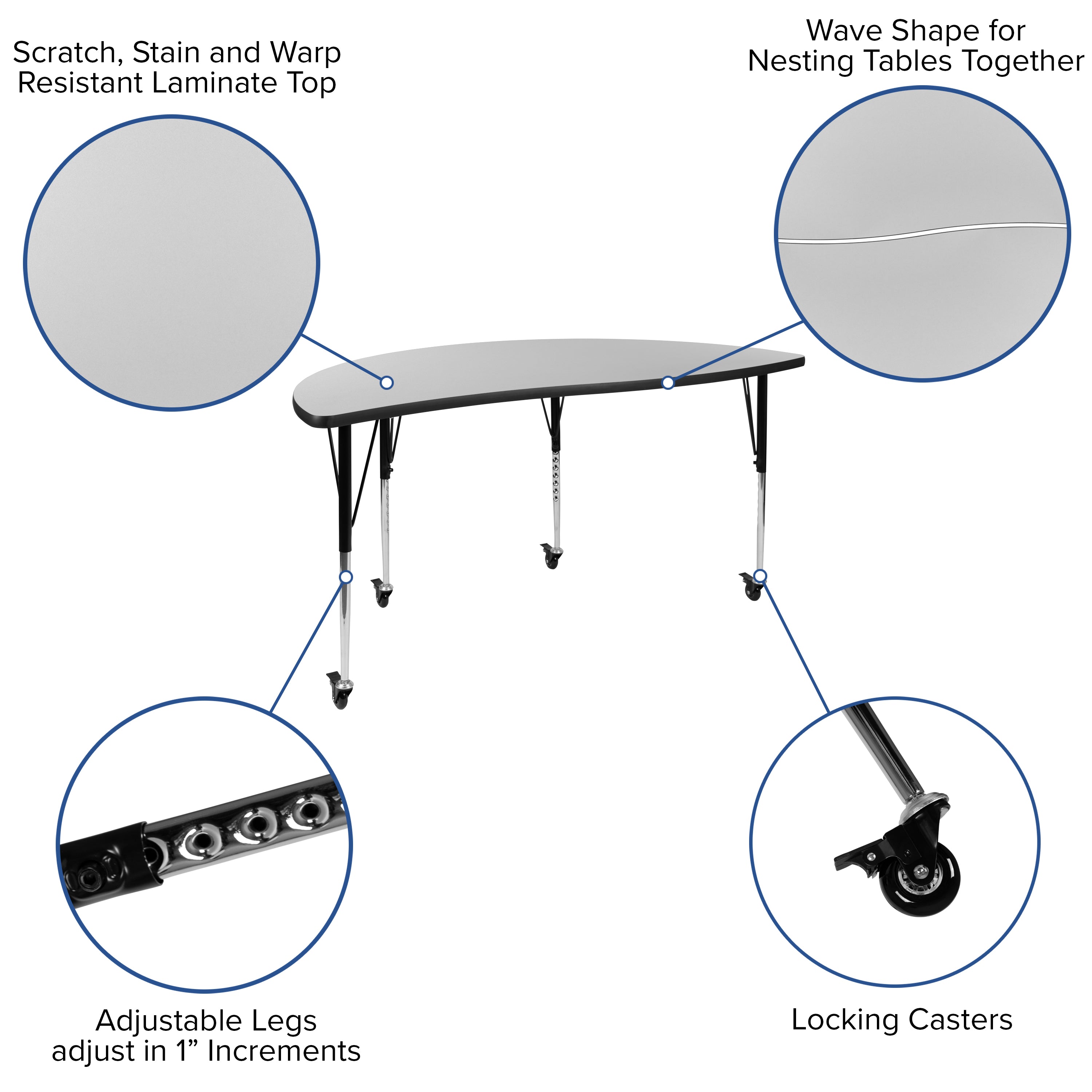 Emmy Mobile 86" Oval Wave Flexible Laminate Activity Table Set with 18" Student Stack Chairs, Grey/Black