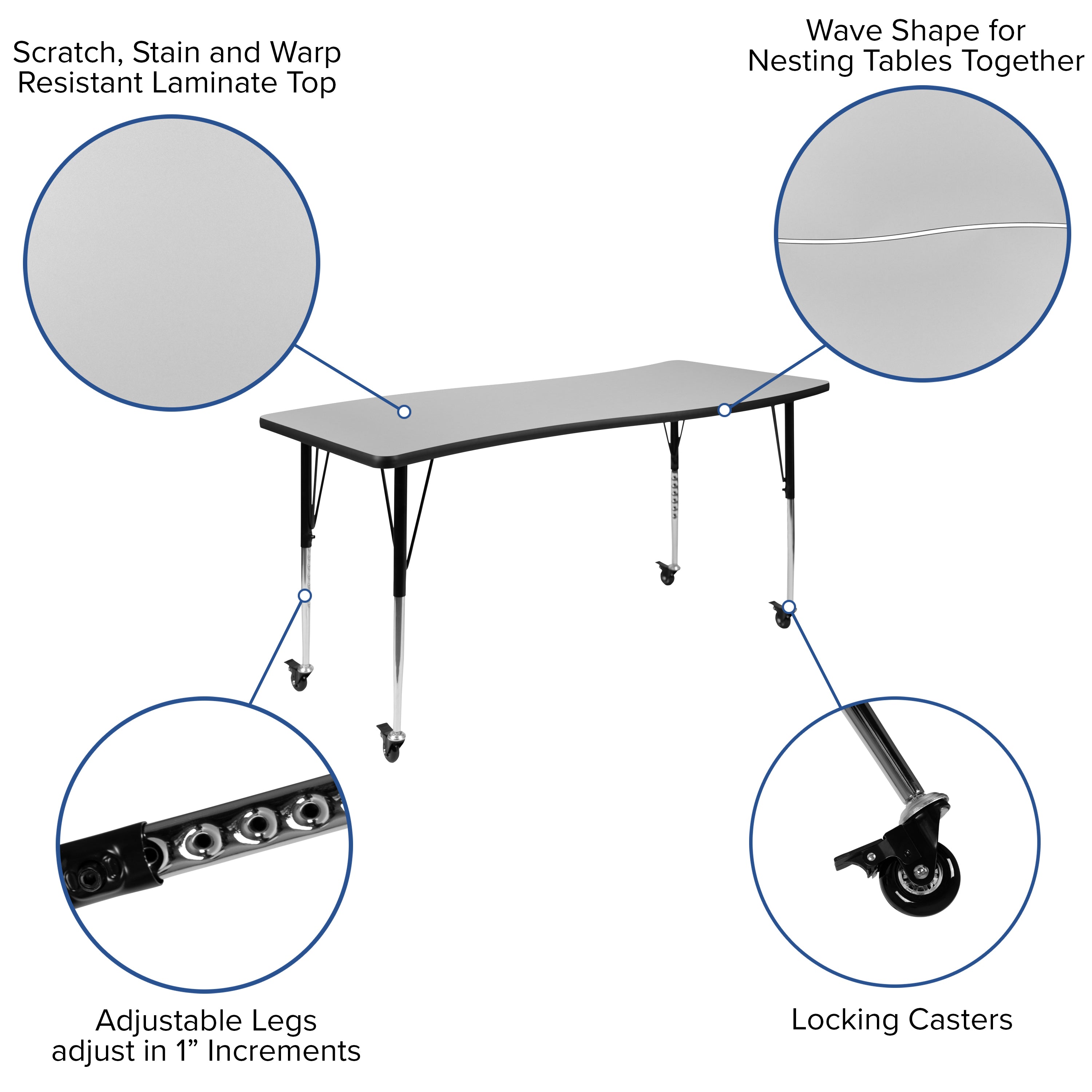 Emmy Mobile 86" Oval Wave Flexible Laminate Activity Table Set with 18" Student Stack Chairs, Grey/Black