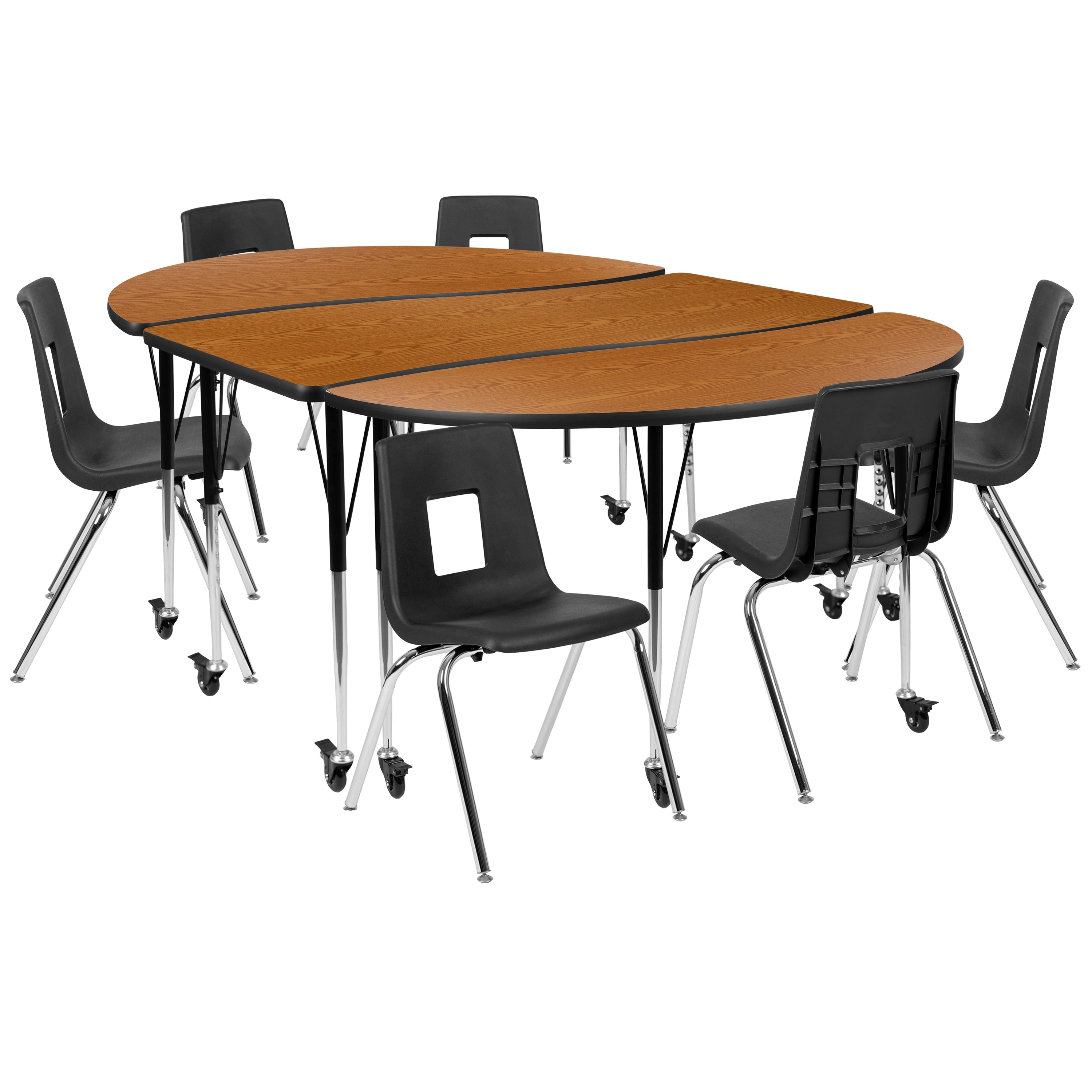 Emmy Mobile 86" Oval Wave Flexible Laminate Activity Table Set with 18" Student Stack Chairs, Oak/Black