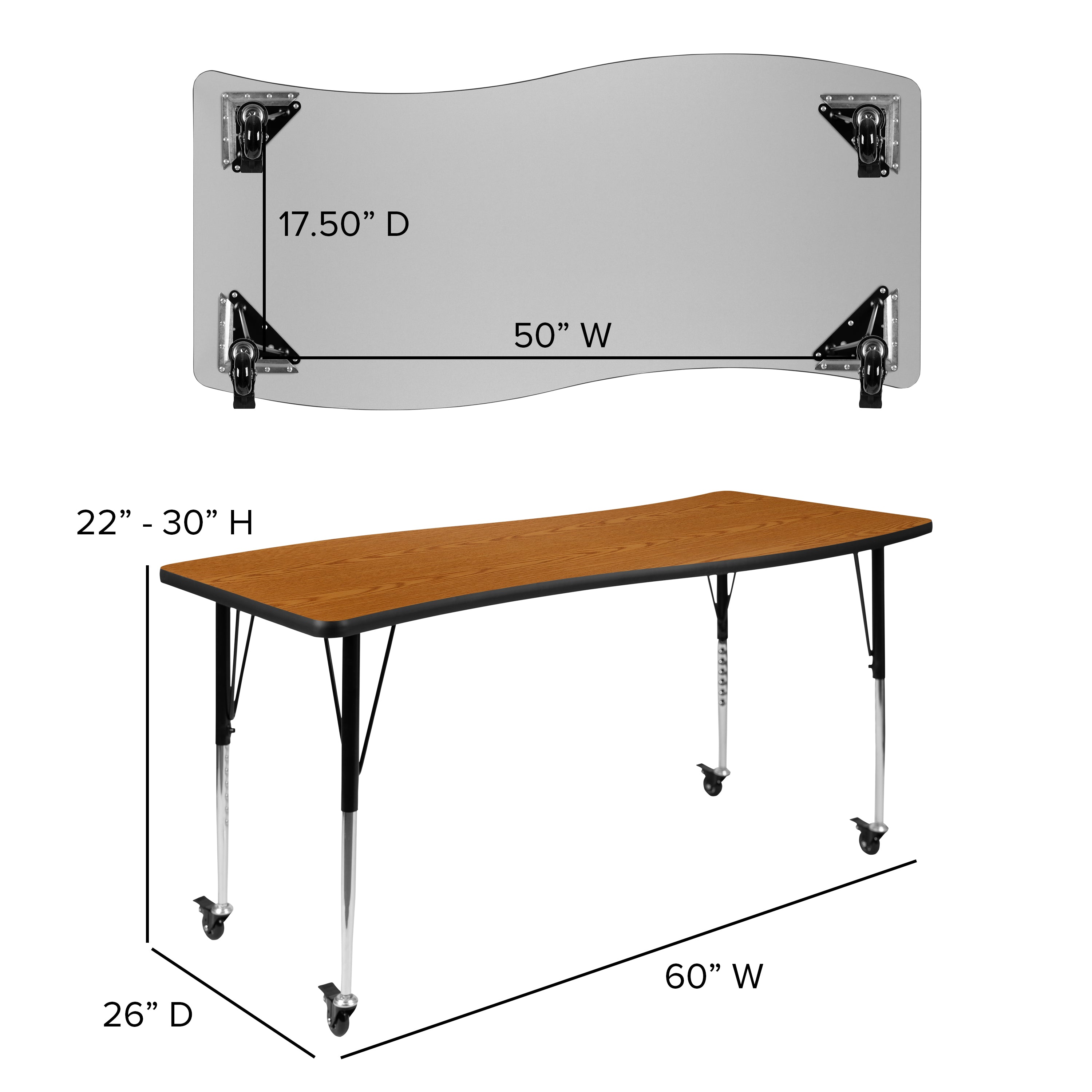 Emmy Mobile 86" Oval Wave Flexible Laminate Activity Table Set with 18" Student Stack Chairs, Oak/Black