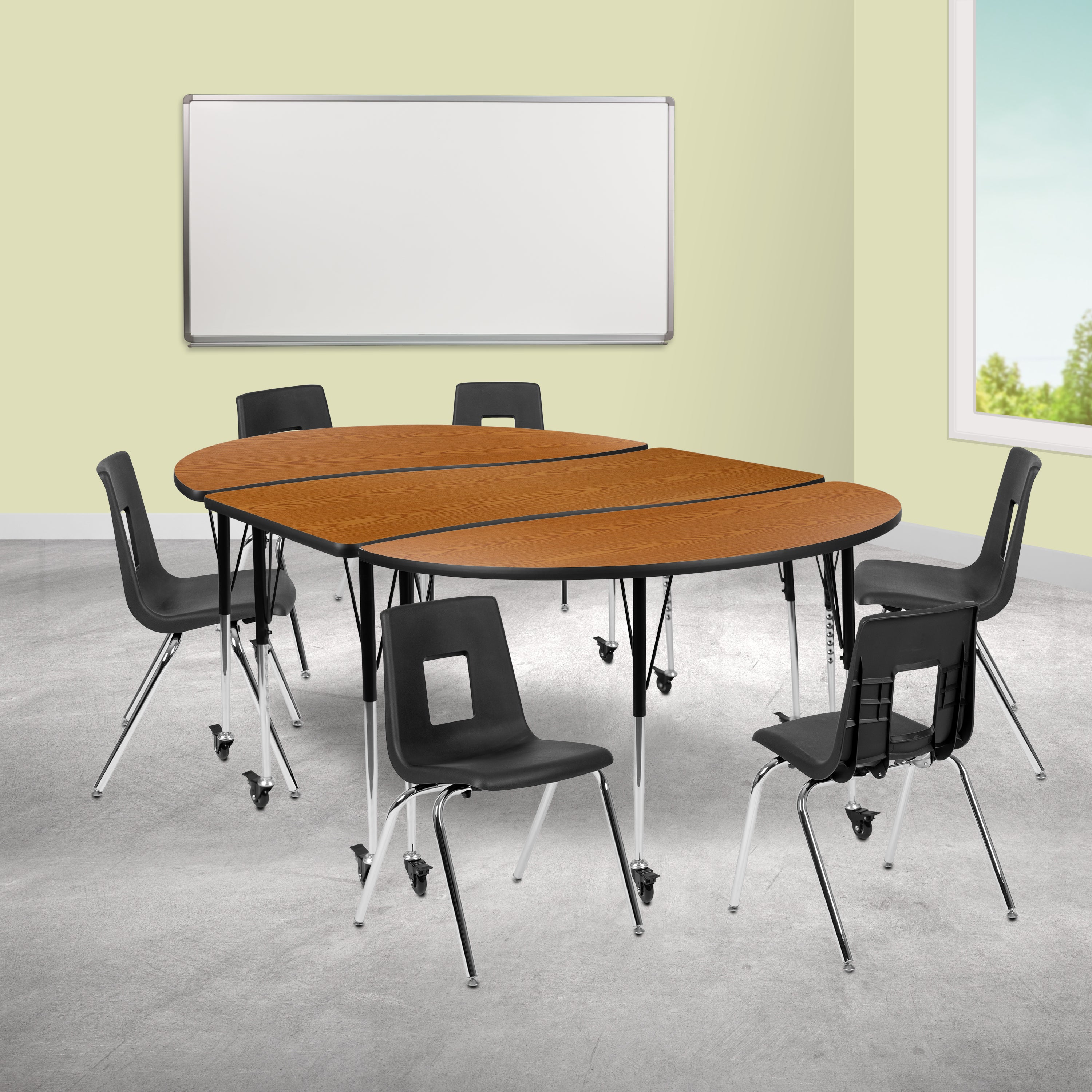 Emmy Mobile 86" Oval Wave Flexible Laminate Activity Table Set with 18" Student Stack Chairs, Oak/Black