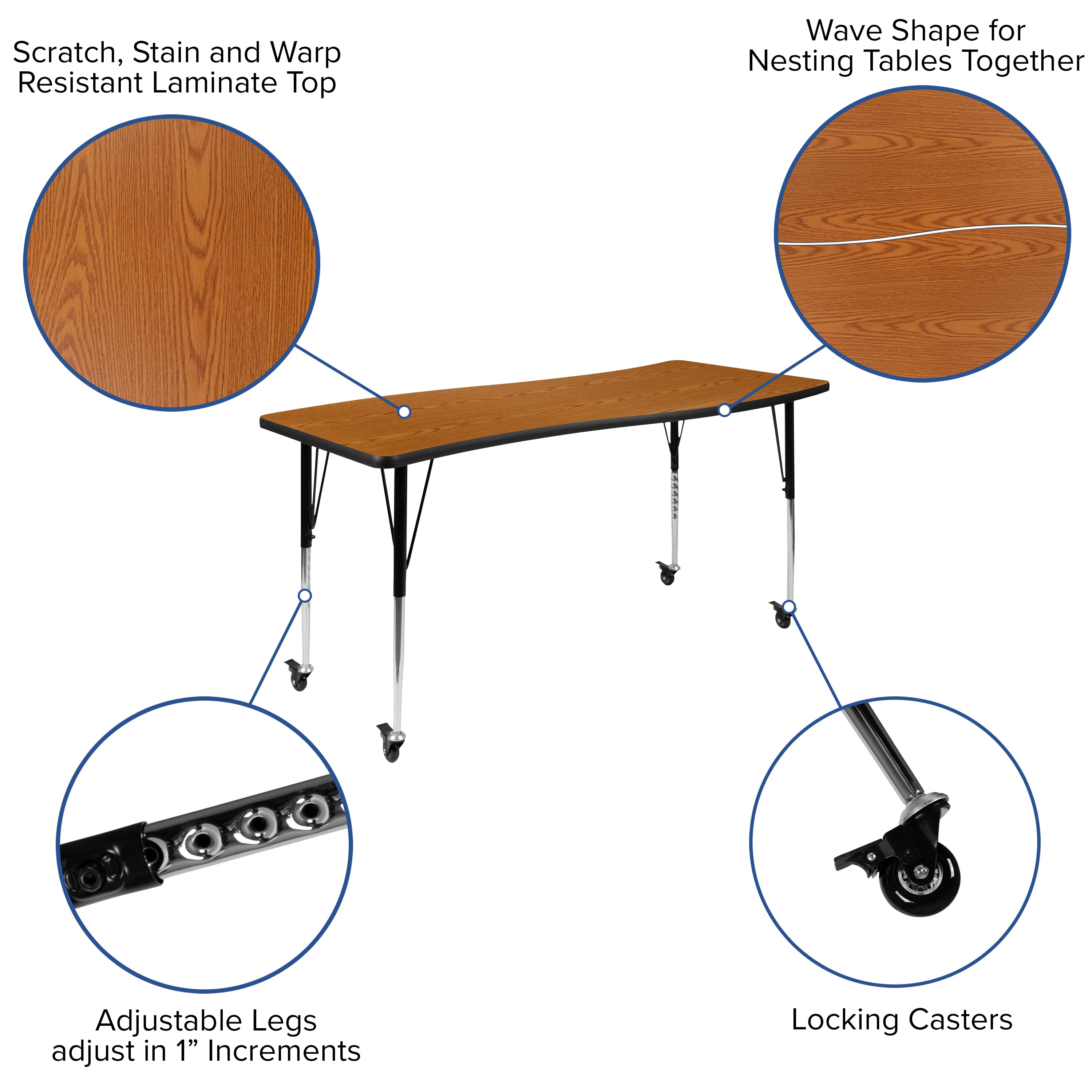 Emmy Mobile 86" Oval Wave Flexible Laminate Activity Table Set with 18" Student Stack Chairs, Oak/Black