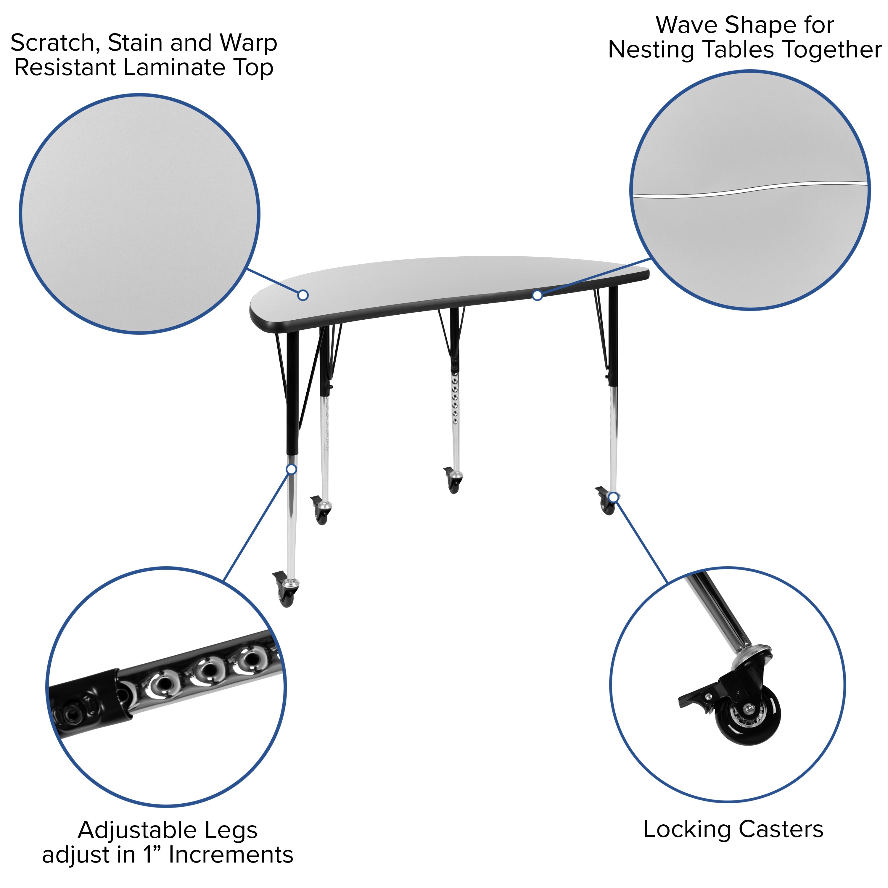 Emmy Mobile 47.5" Circle Wave Flexible Laminate Activity Table Set with 18" Student Stack Chairs, Grey/Black