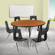 Emmy 47.5" Circle Wave Flexible Laminate Activity Table Set with 18" Student Stack Chairs, Oak/Black