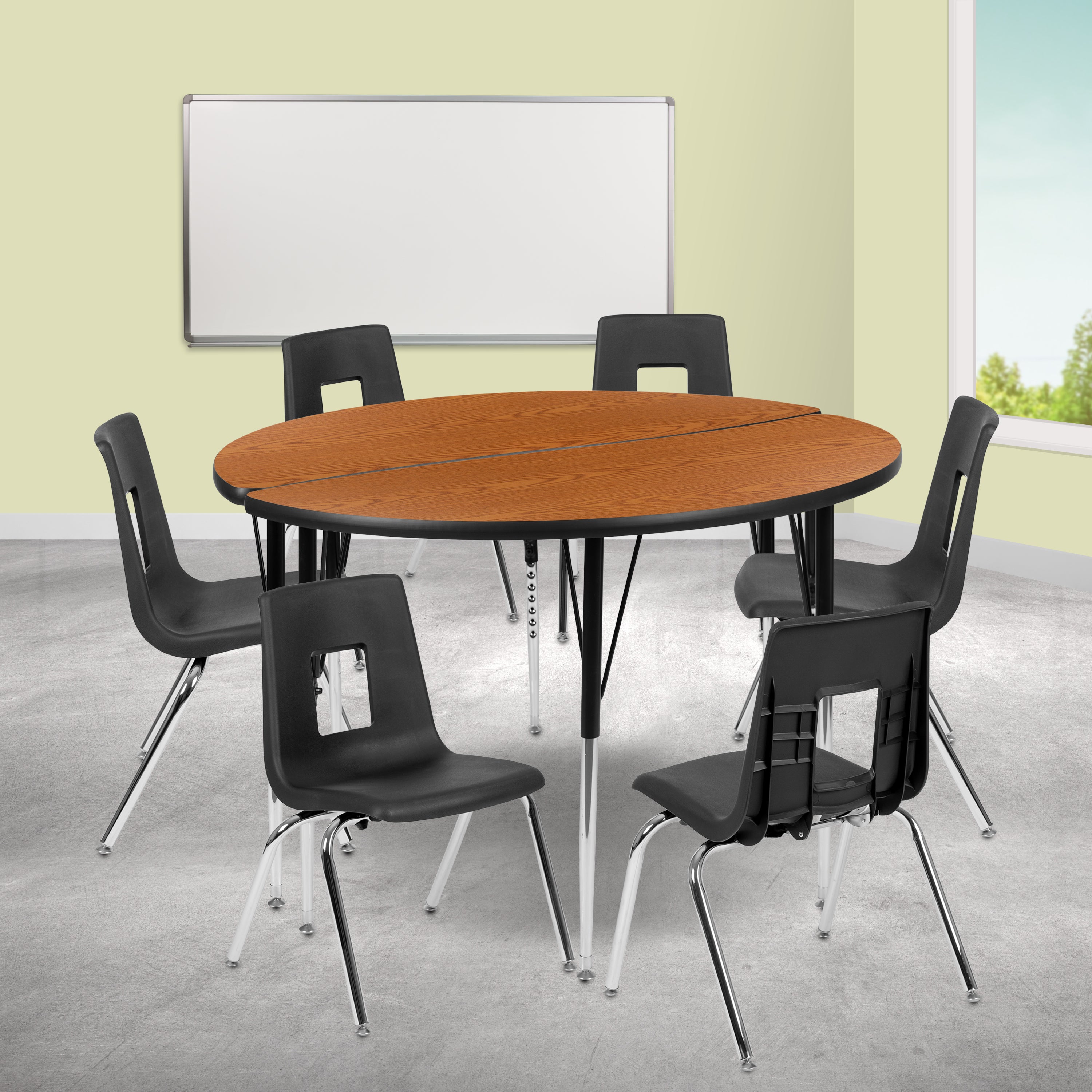 Emmy 47.5" Circle Wave Flexible Laminate Activity Table Set with 18" Student Stack Chairs, Oak/Black