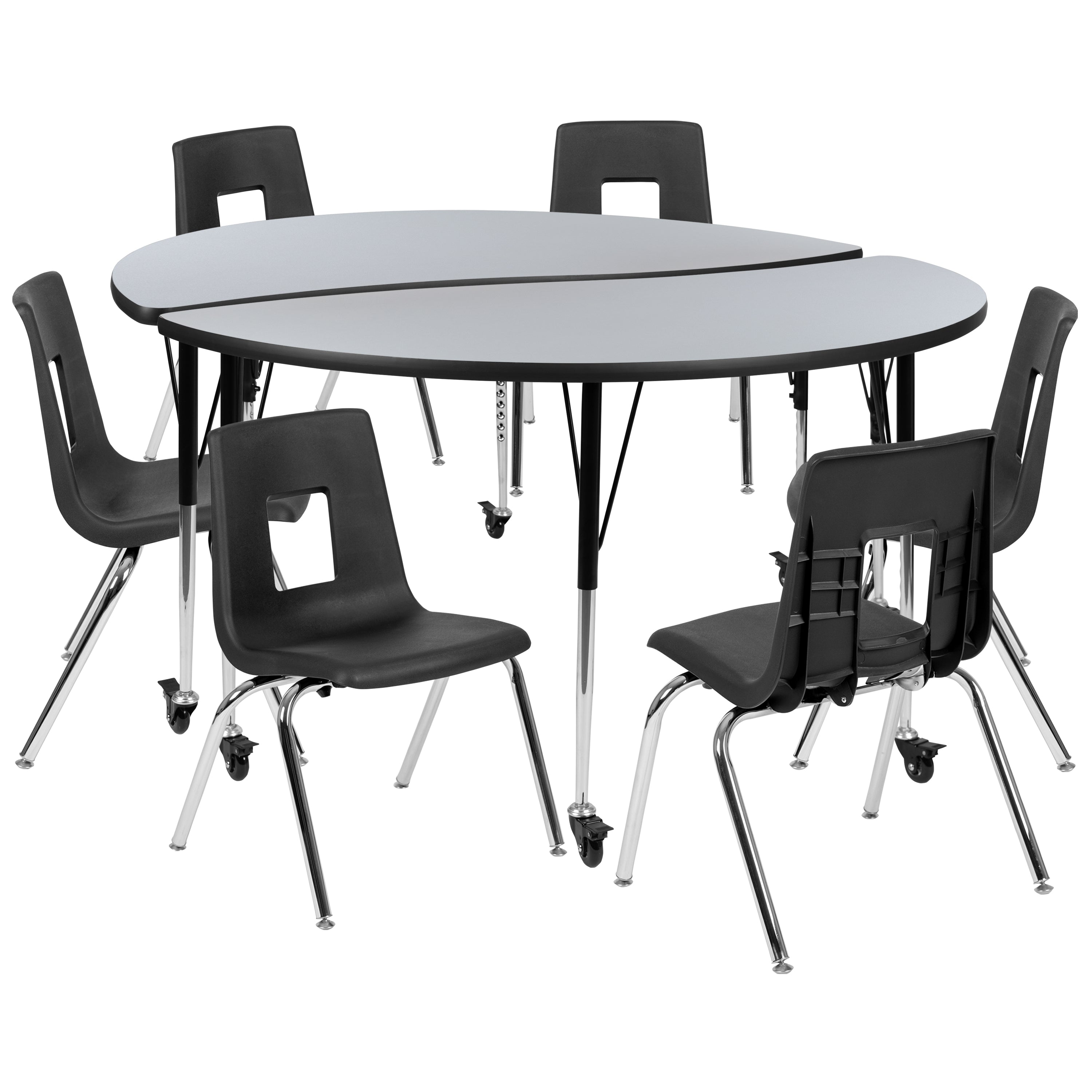 Emmy Mobile 60" Circle Wave Flexible Laminate Activity Table Set with 18" Student Stack Chairs, Grey/Black