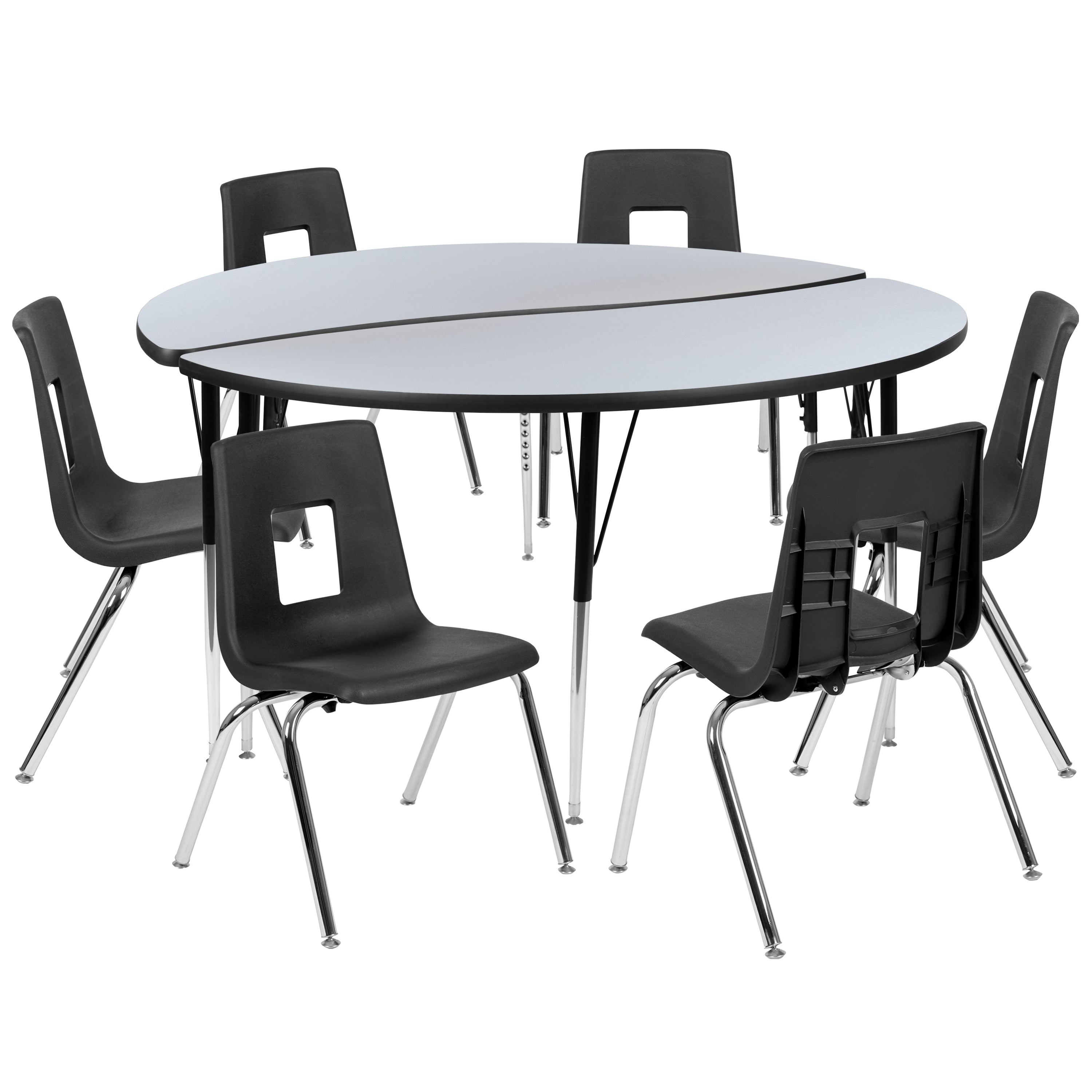 Emmy 60" Circle Wave Flexible Laminate Activity Table Set with 18" Student Stack Chairs, Grey/Black