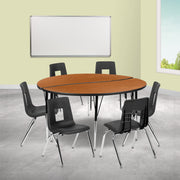 Emmy 60" Circle Wave Flexible Laminate Activity Table Set with 18" Student Stack Chairs, Oak/Black