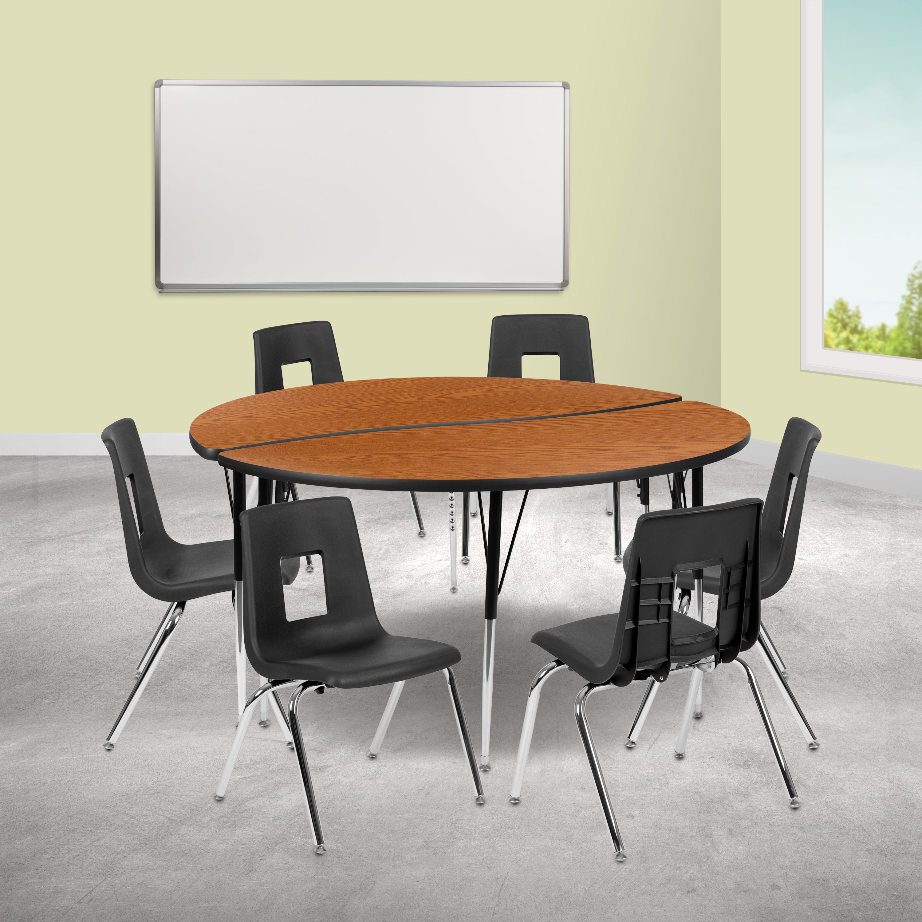 Emmy 60" Circle Wave Flexible Laminate Activity Table Set with 18" Student Stack Chairs, Oak/Black