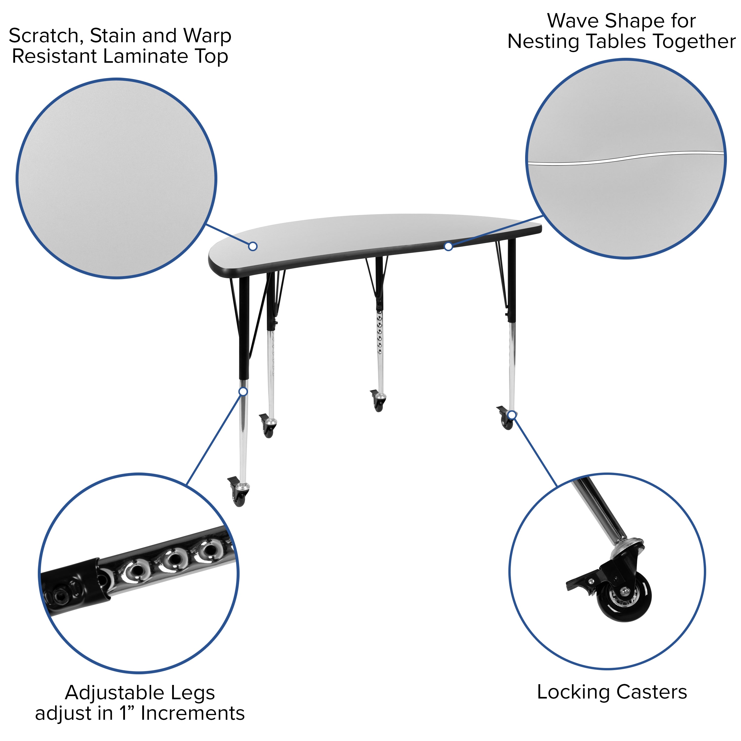 Emmy 3 Piece Mobile 76" Oval Wave Flexible Grey Thermal Laminate Activity Table Set-Standard Height Adjustable Legs