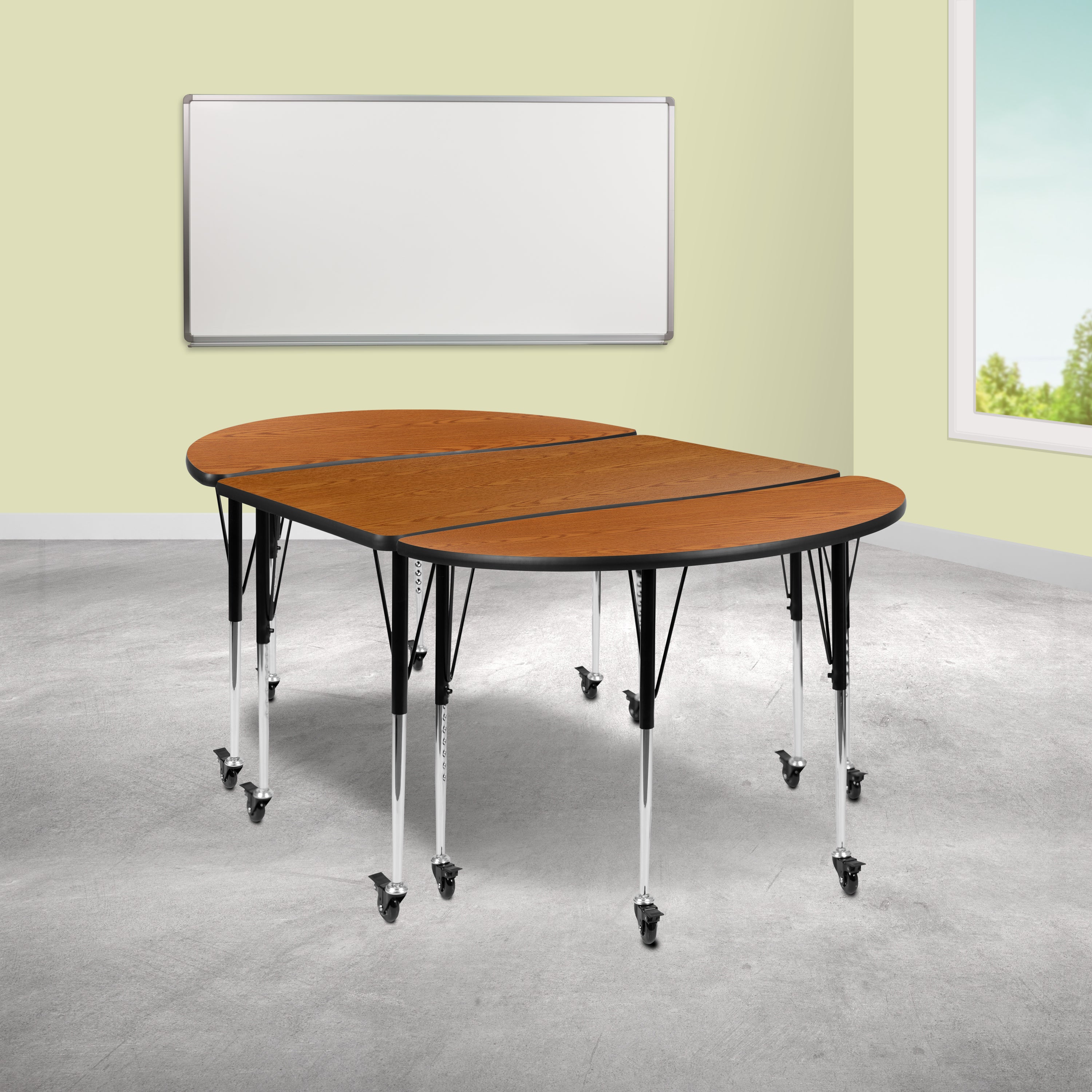 Emmy 3 Piece Mobile 76" Oval Wave Flexible Oak Thermal Laminate Activity Table Set-Standard Height Adjustable Legs