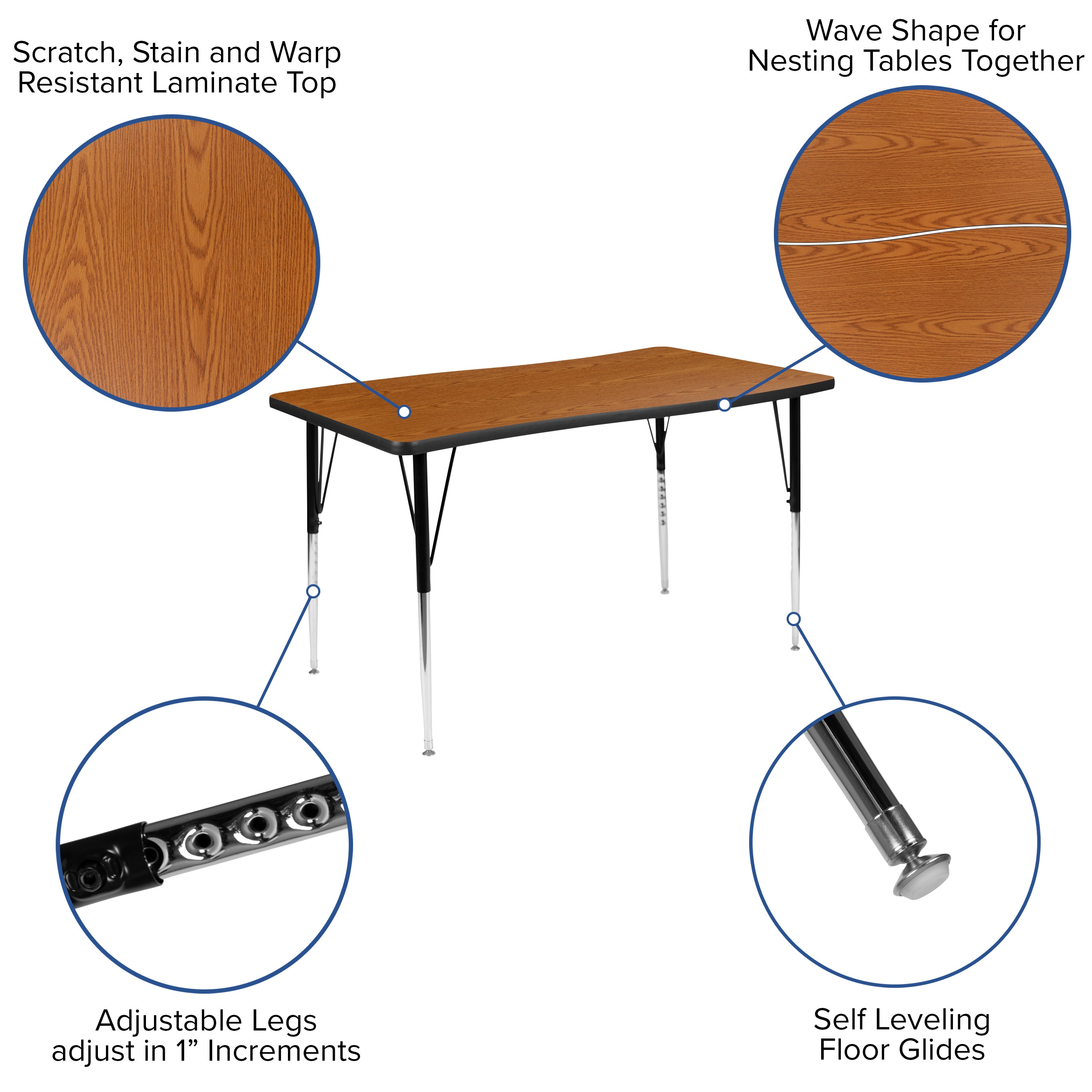Emmy 2 Piece 76" Oval Wave Flexible Oak Thermal Laminate Activity Table Set - Standard Height Adjustable Legs