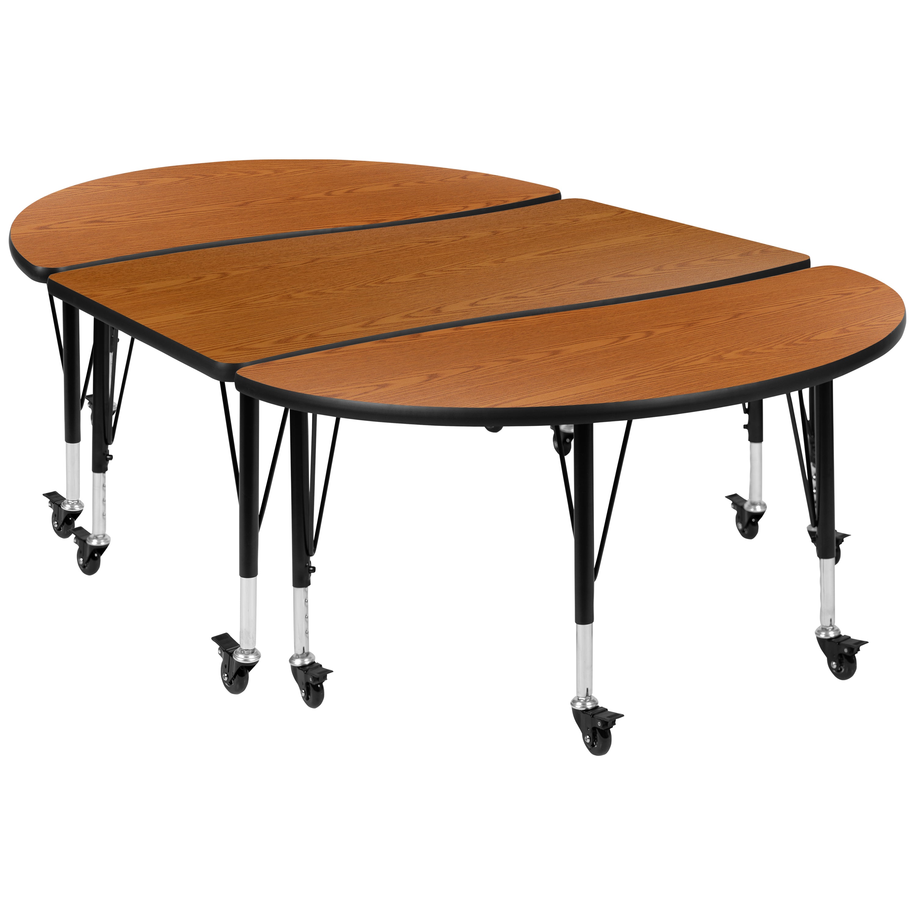 Emmy 3 Piece Mobile 76" Oval Wave Flexible Oak Thermal Laminate Activity Table Set - Height Adjustable Short Legs