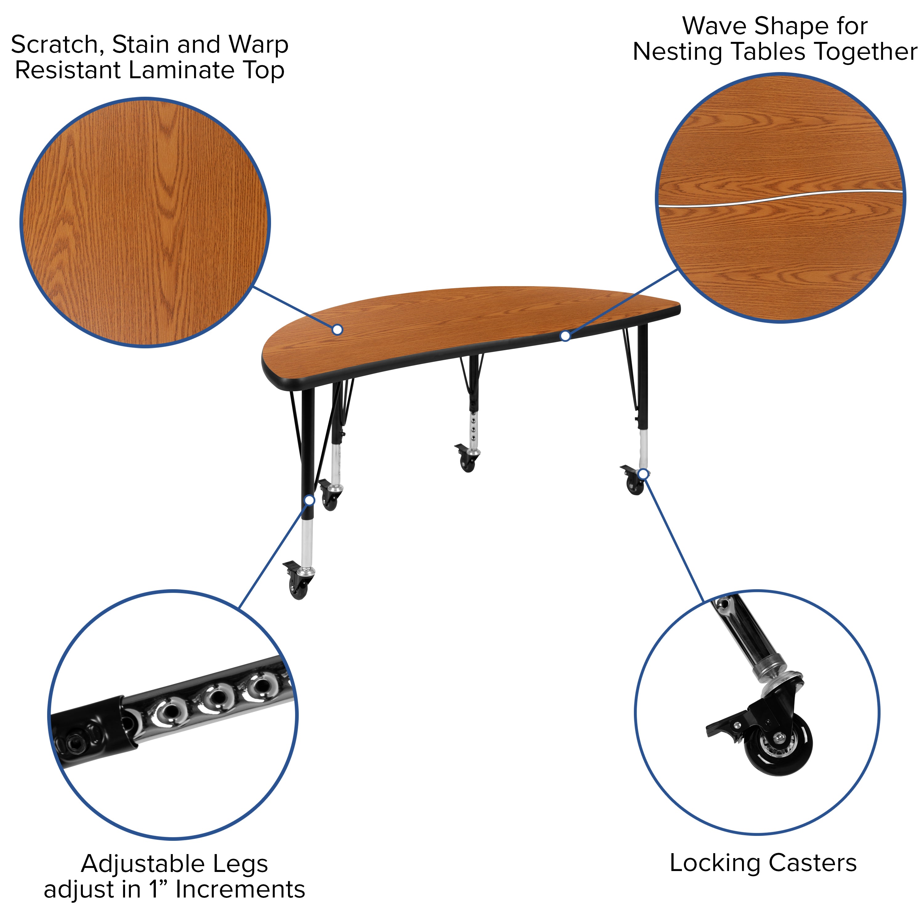Emmy 3 Piece Mobile 76" Oval Wave Flexible Oak Thermal Laminate Activity Table Set - Height Adjustable Short Legs