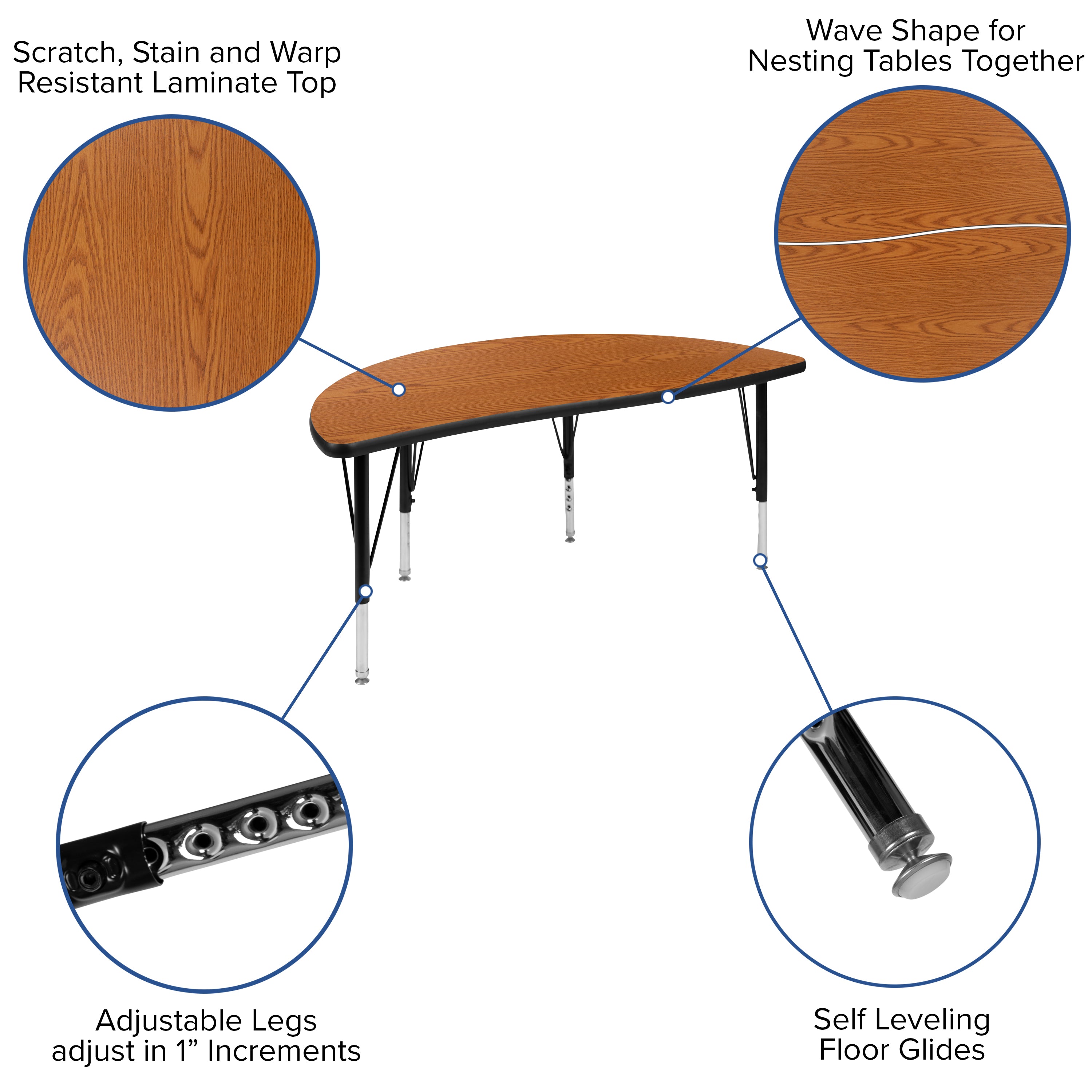 Emmy 2 Piece 76" Oval Wave Flexible Oak Thermal Laminate Activity Table Set - Height Adjustable Short Legs