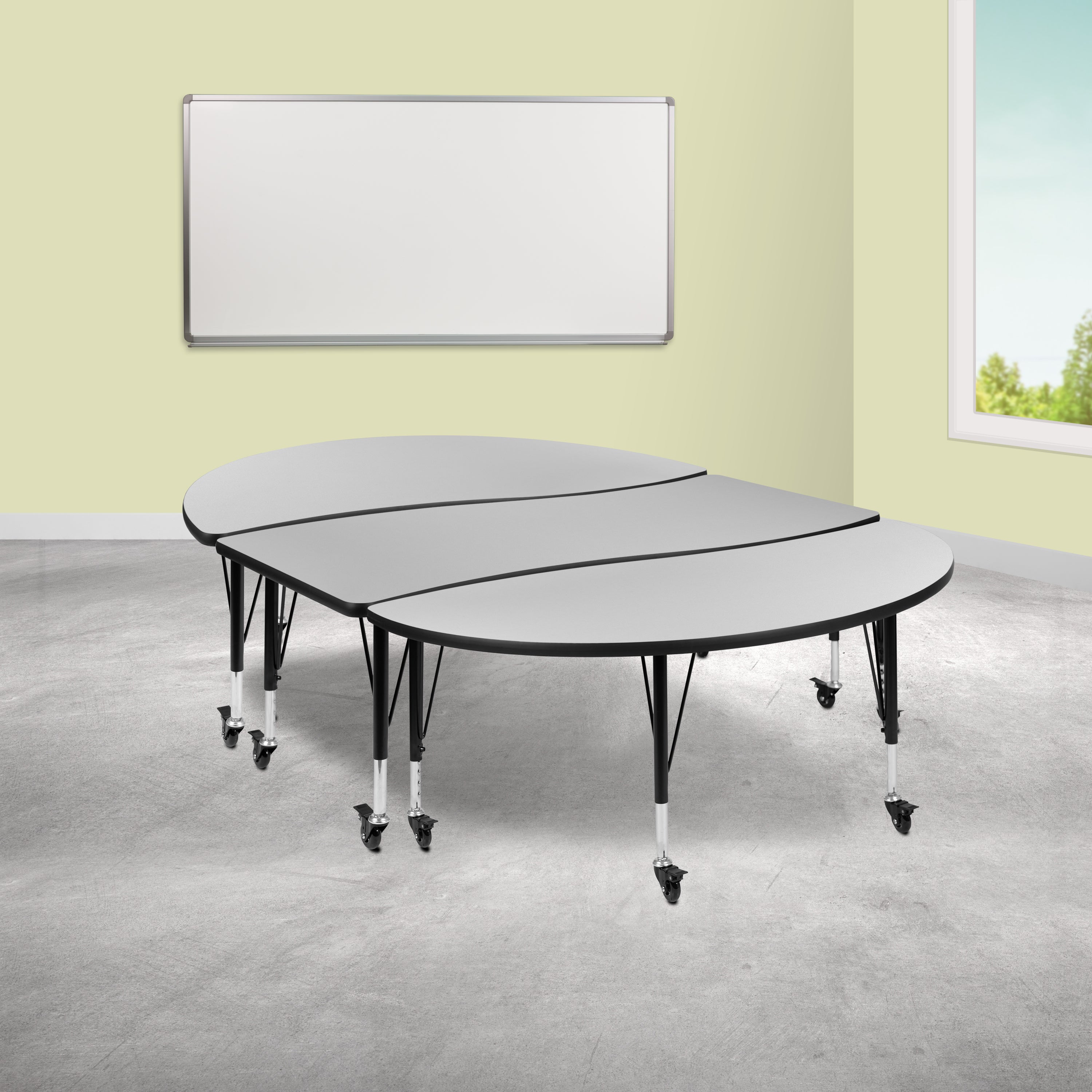 Emmy 3 Piece Mobile 86" Oval Wave Flexible Grey Thermal Laminate Activity Table Set - Height Adjustable Short Legs