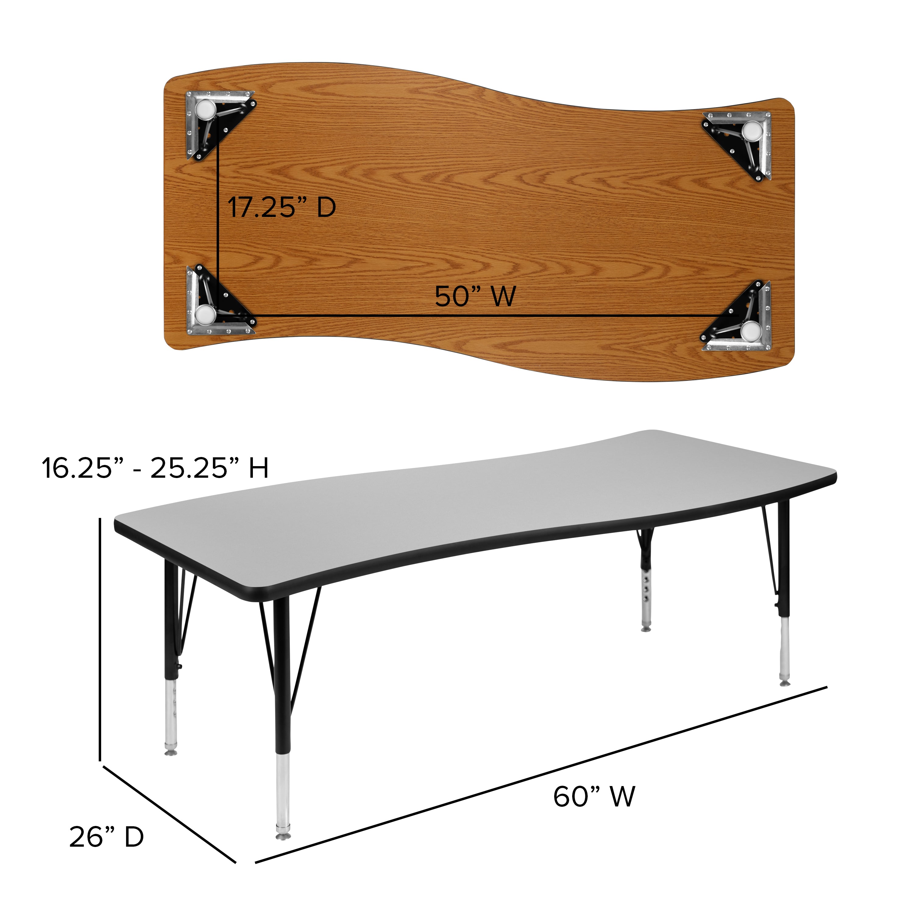 Emmy 2 Piece 86" Oval Wave Flexible Grey Thermal Laminate Activity Table Set - Height Adjustable Short Legs