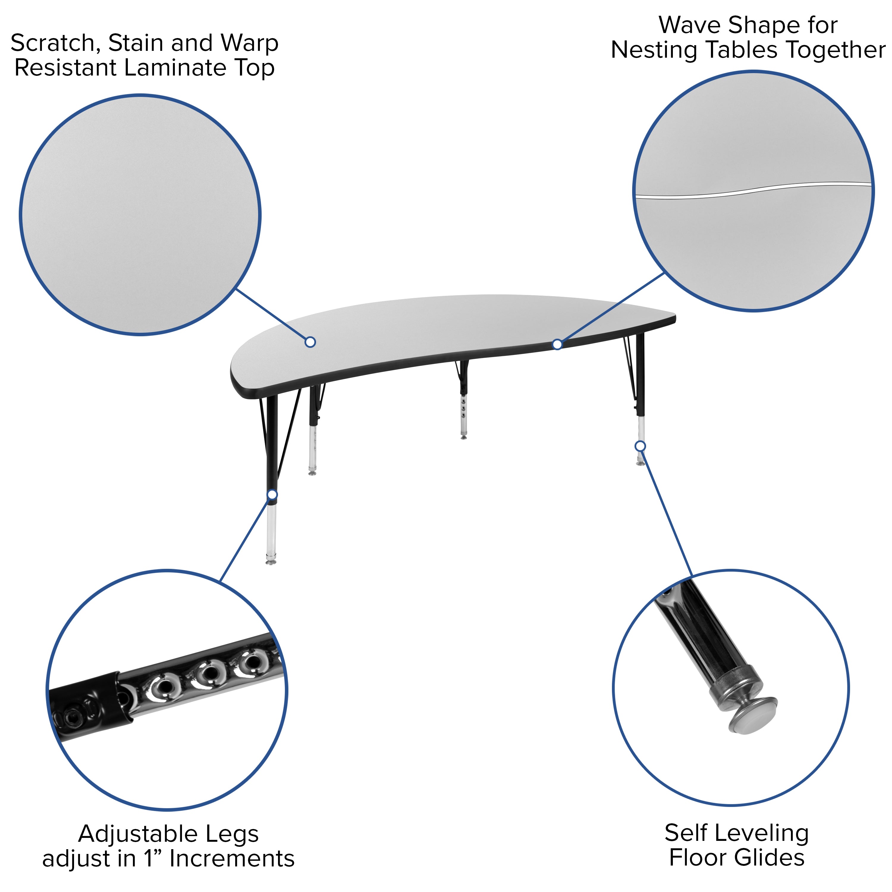 Emmy 2 Piece 86" Oval Wave Flexible Grey Thermal Laminate Activity Table Set - Height Adjustable Short Legs
