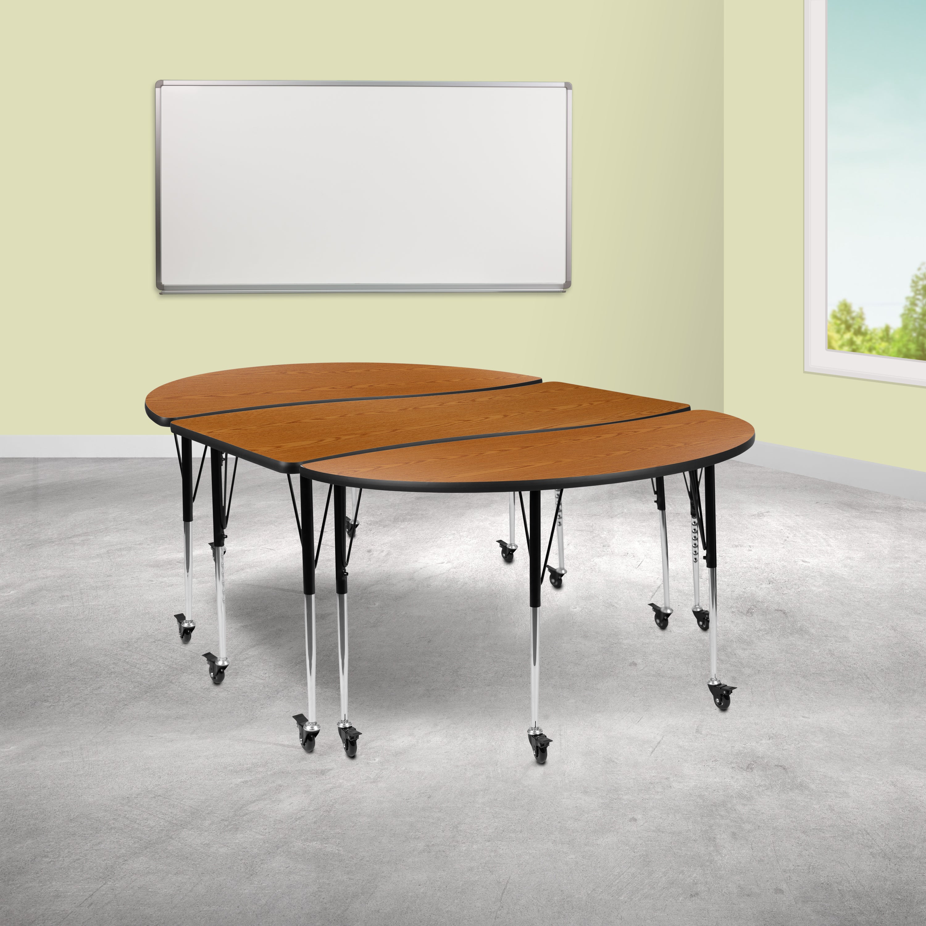 Emmy 3 Piece Mobile 86" Oval Wave Flexible Oak Thermal Laminate Activity Table Set-Standard Height Adjustable Legs