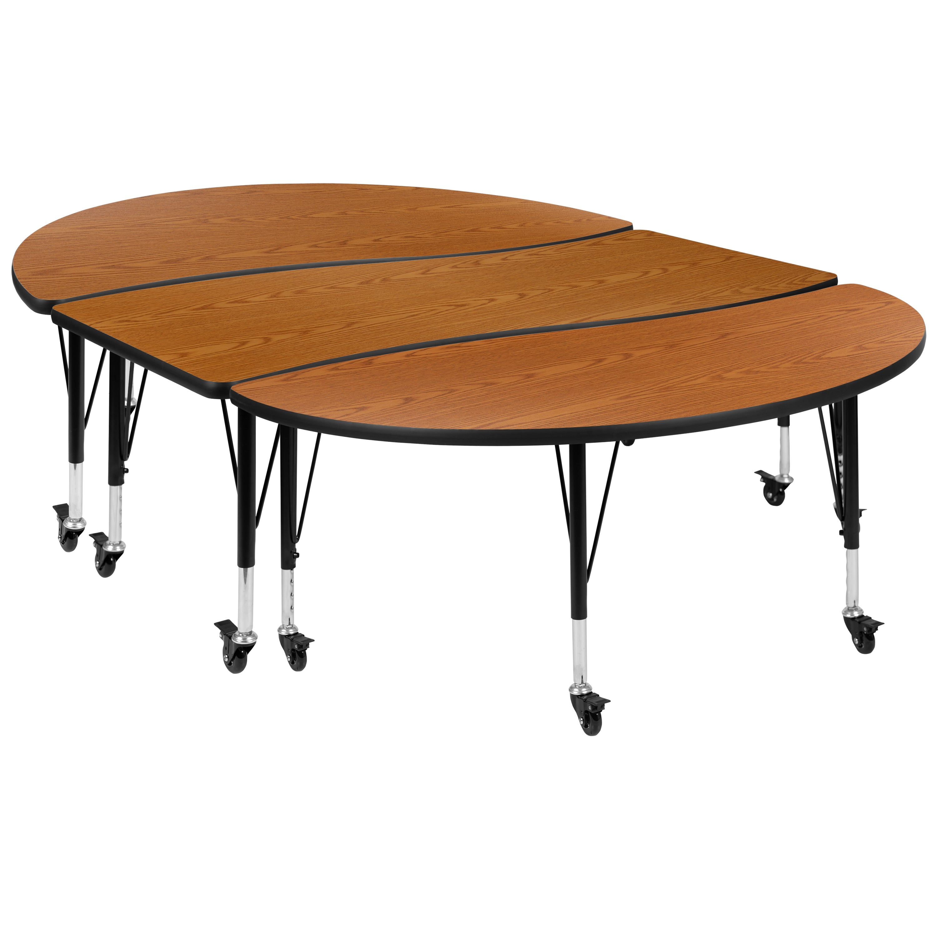 Emmy 3 Piece Mobile 86" Oval Wave Flexible Oak Thermal Laminate Activity Table Set - Height Adjustable Short Legs
