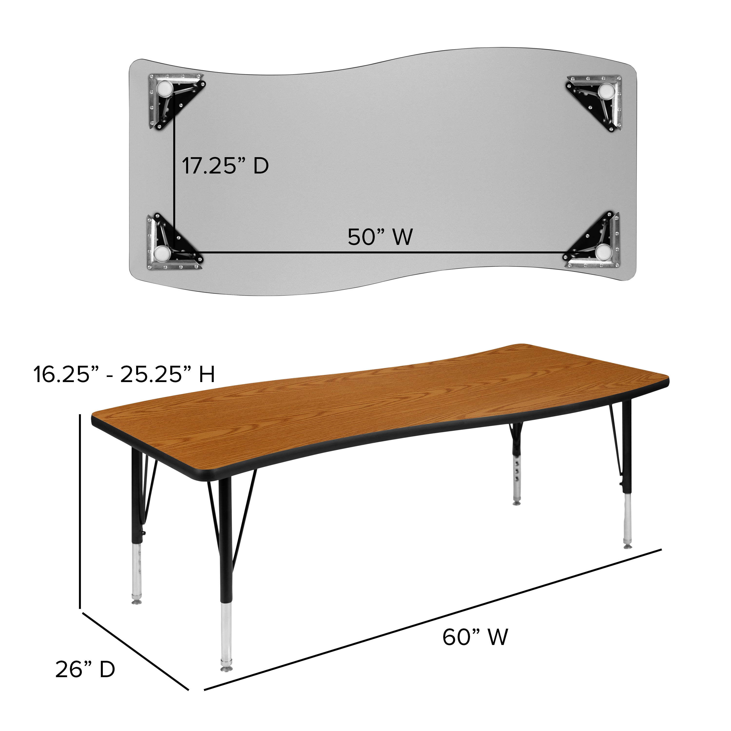 Emmy 2 Piece 86" Oval Wave Flexible Oak Thermal Laminate Activity Table Set - Height Adjustable Short Legs