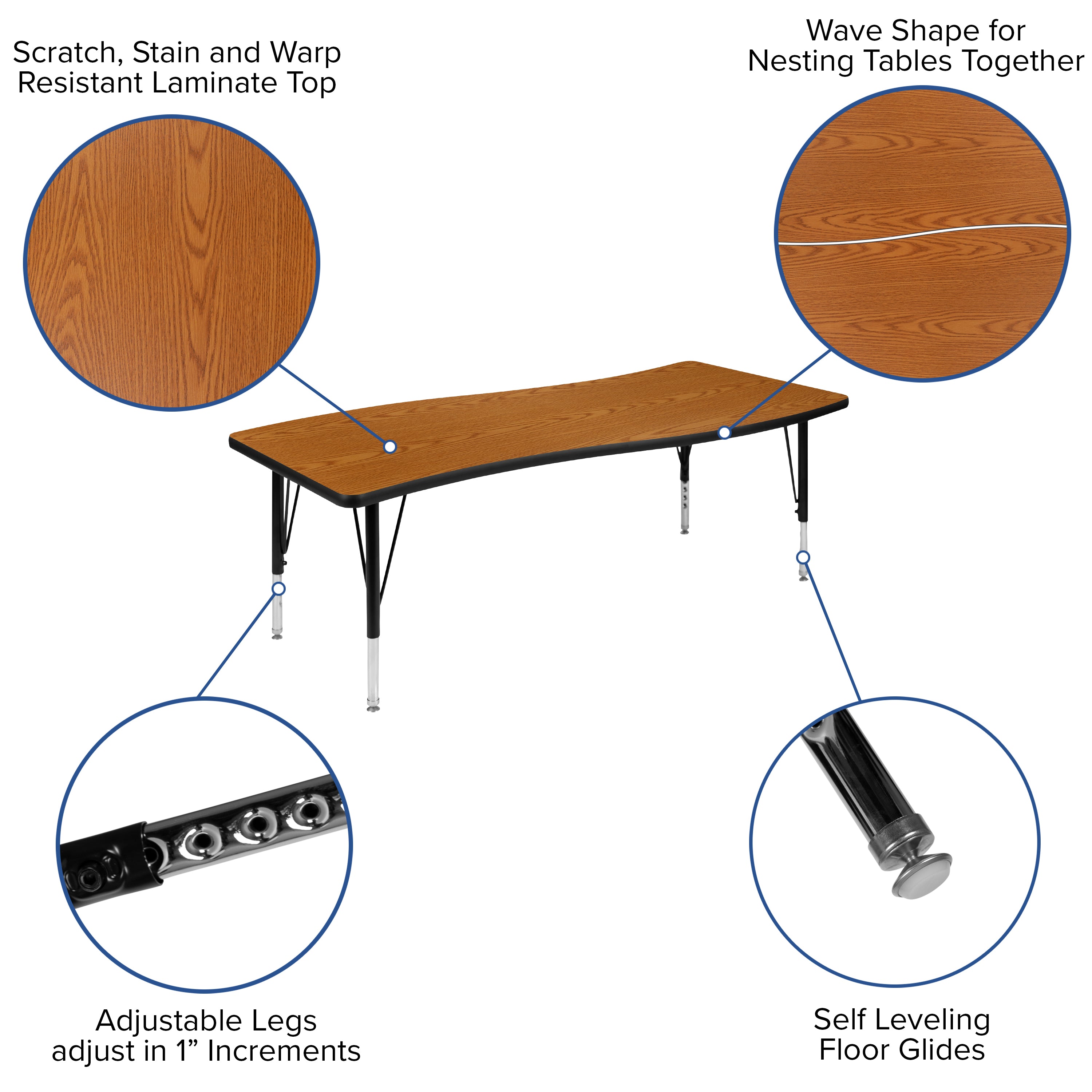 Emmy 2 Piece 86" Oval Wave Flexible Oak Thermal Laminate Activity Table Set - Height Adjustable Short Legs