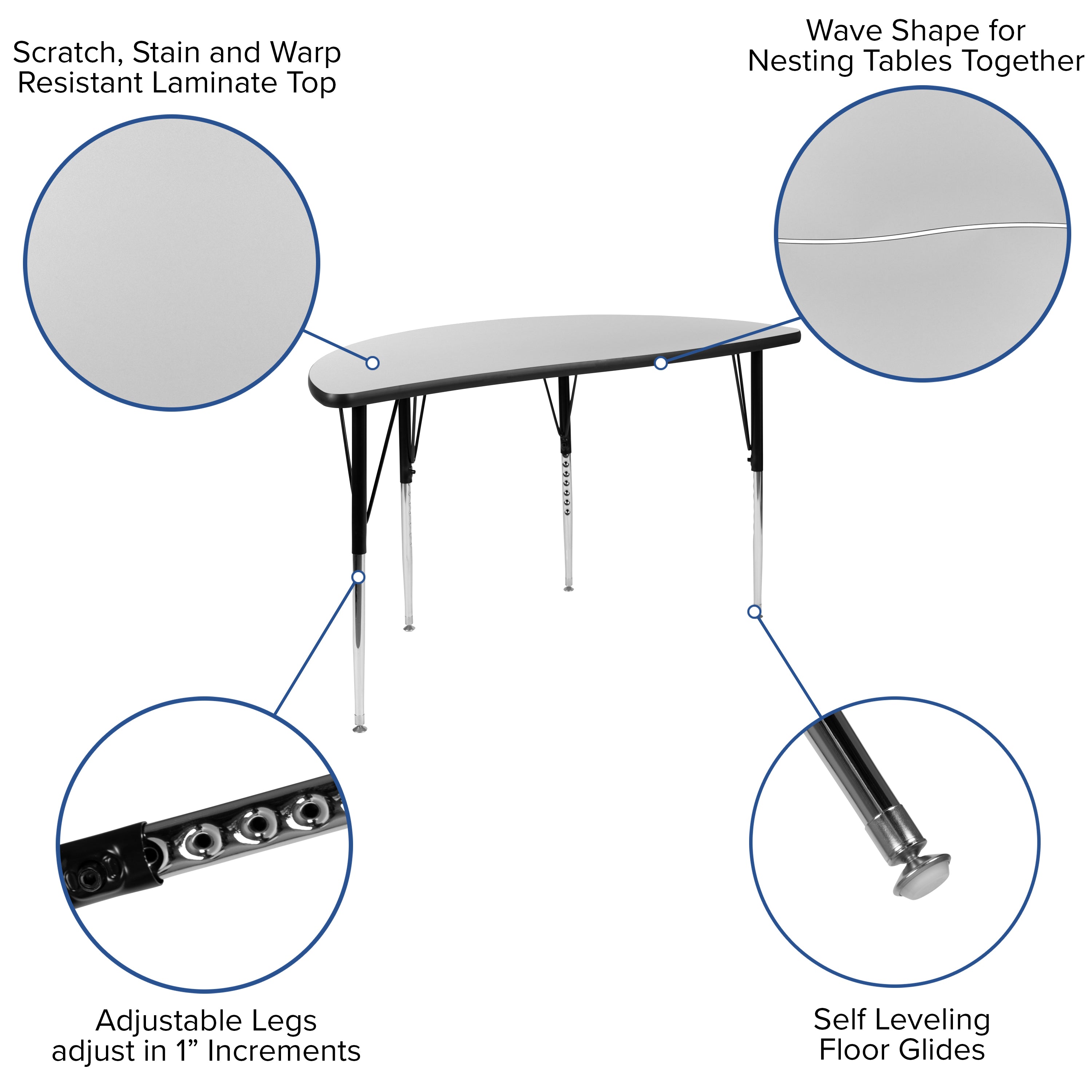 Emmy 2 Piece 47.5" Circle Wave Flexible Grey Thermal Laminate Activity Table Set - Standard Height Adjustable Legs